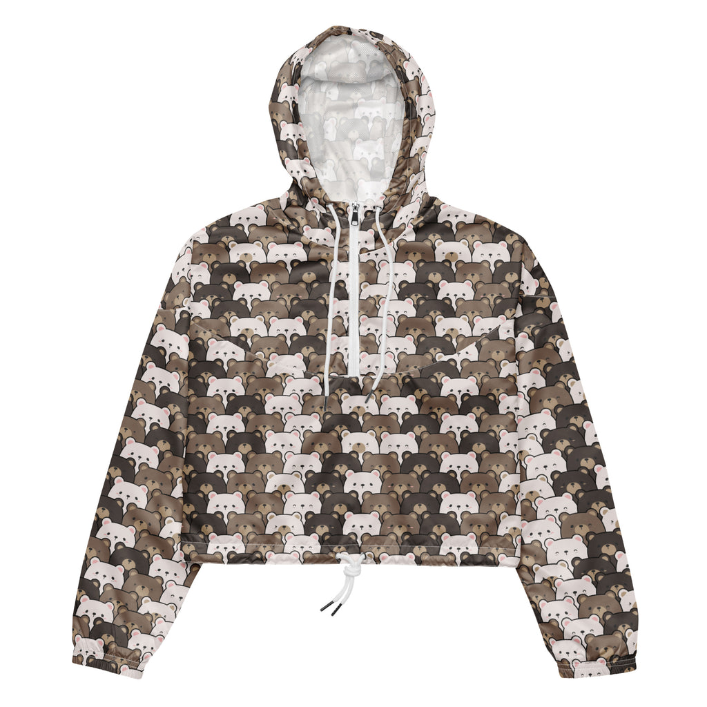 Women’s bear face cropped hooded windbreaker jacket with cartoon bear pattern lightweight and water resistant