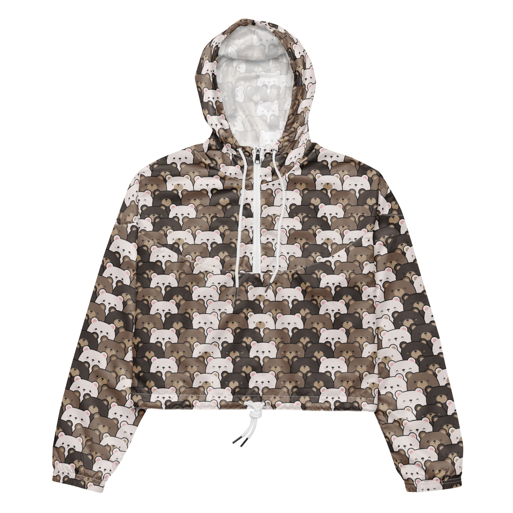 Women’s bear face cropped hooded windbreaker jacket with cartoon bear pattern lightweight and water resistant
