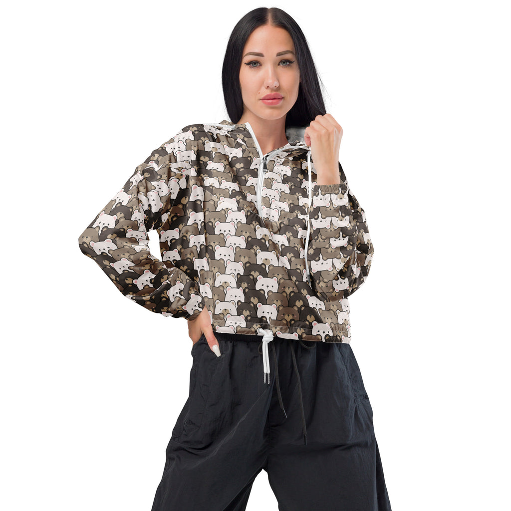 Women’s bear face cropped windbreaker with adjustable hood featuring white and gray cartoon bears on dark brown background