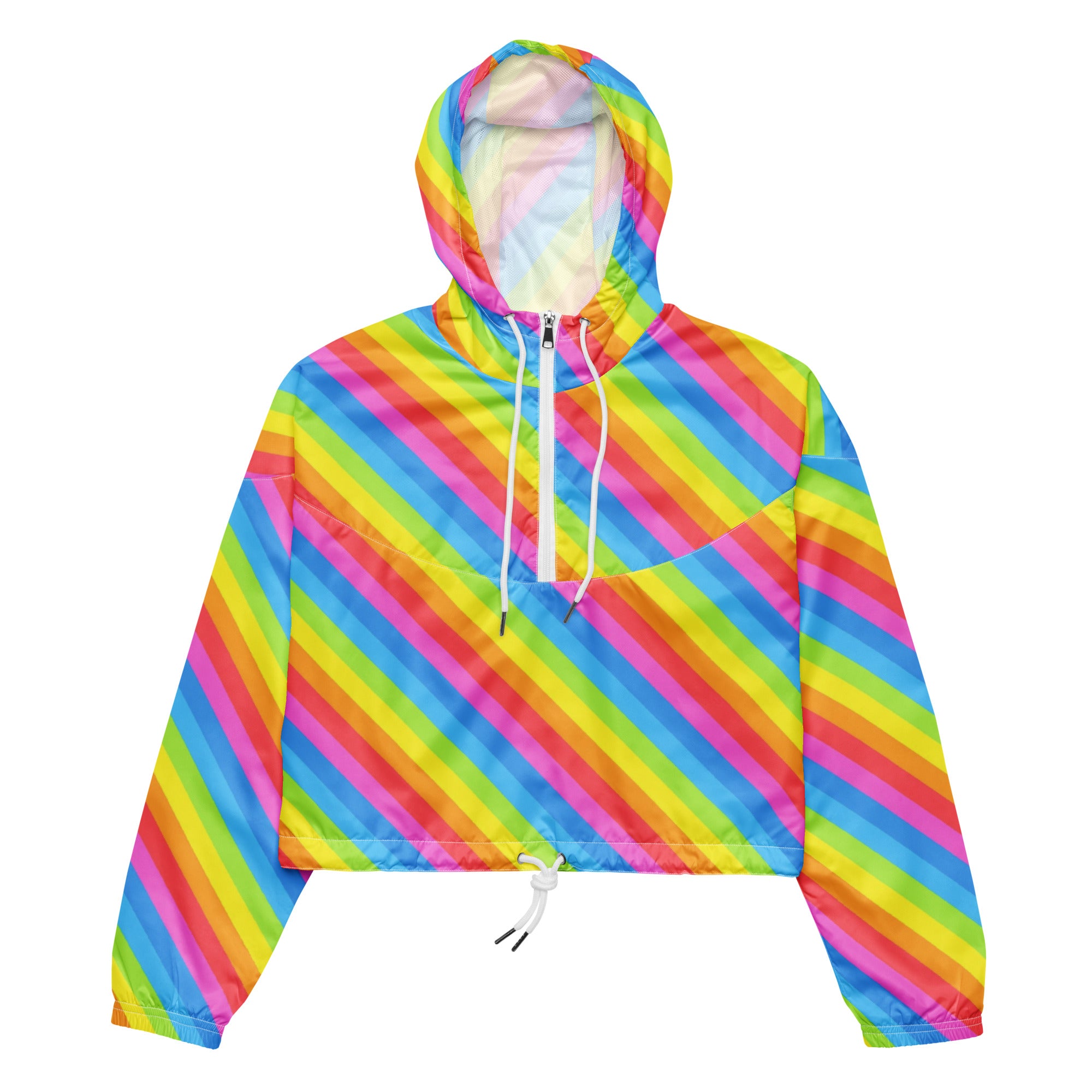 Women’s rainbow stripe cropped windbreaker with white zipper and drawstring lightweight water resistant hooded jacket