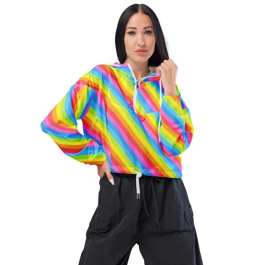 Women’s rainbow stripe cropped windbreaker jacket with long sleeves half zip front adjustable hood and pockets