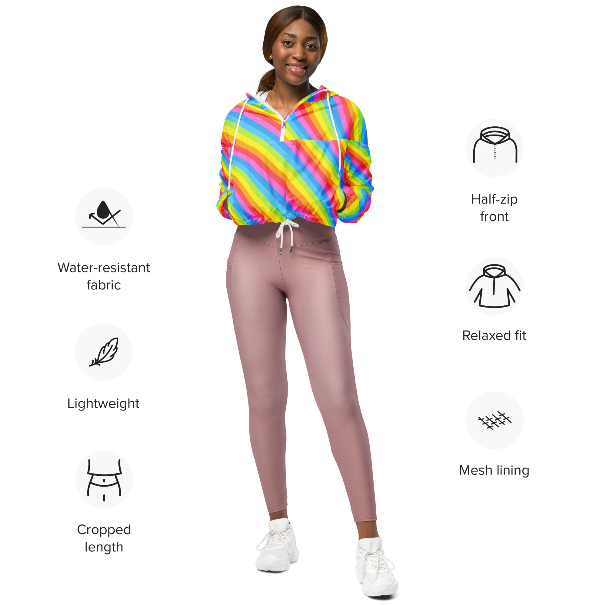 Women’s rainbow stripe cropped windbreaker with water-resistant fabric mesh lining half-zip front and pockets