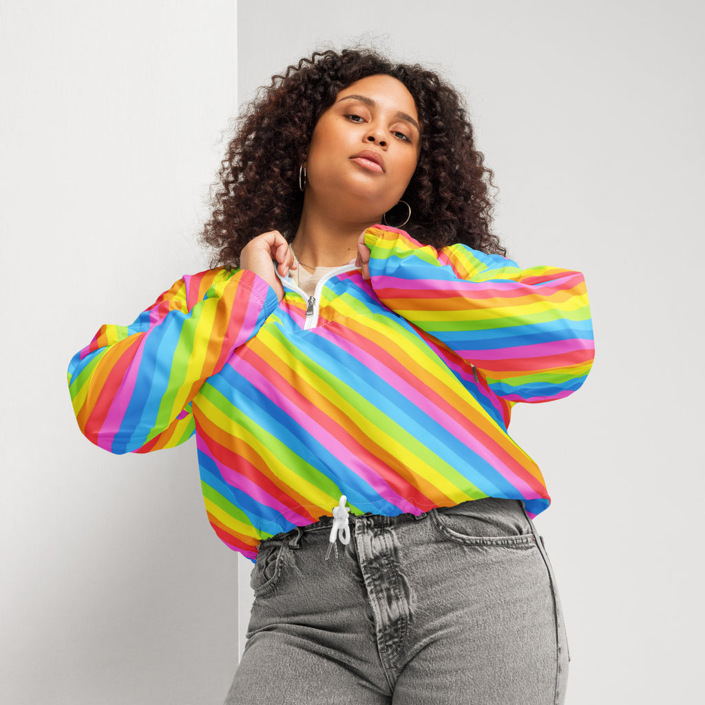Women’s rainbow stripe cropped windbreaker jacket with white zipper lightweight water resistant with adjustable hood and pockets