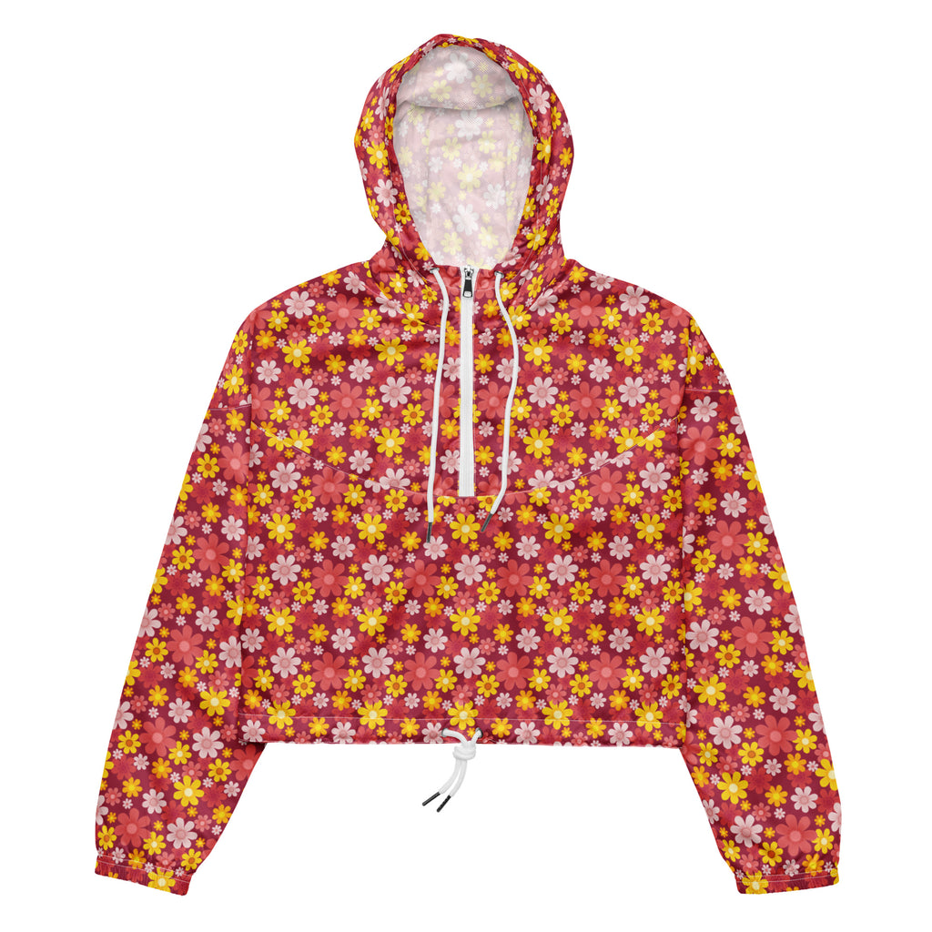 Women’s red floral cropped windbreaker with yellow pink white flowers lightweight water resistant jacket with adjustable hood
