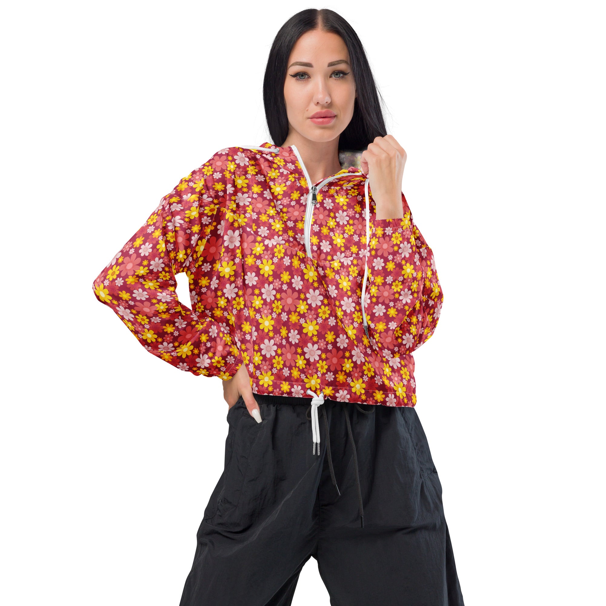Women’s red floral cropped windbreaker jacket with vibrant pattern white zipper and adjustable hood pockets