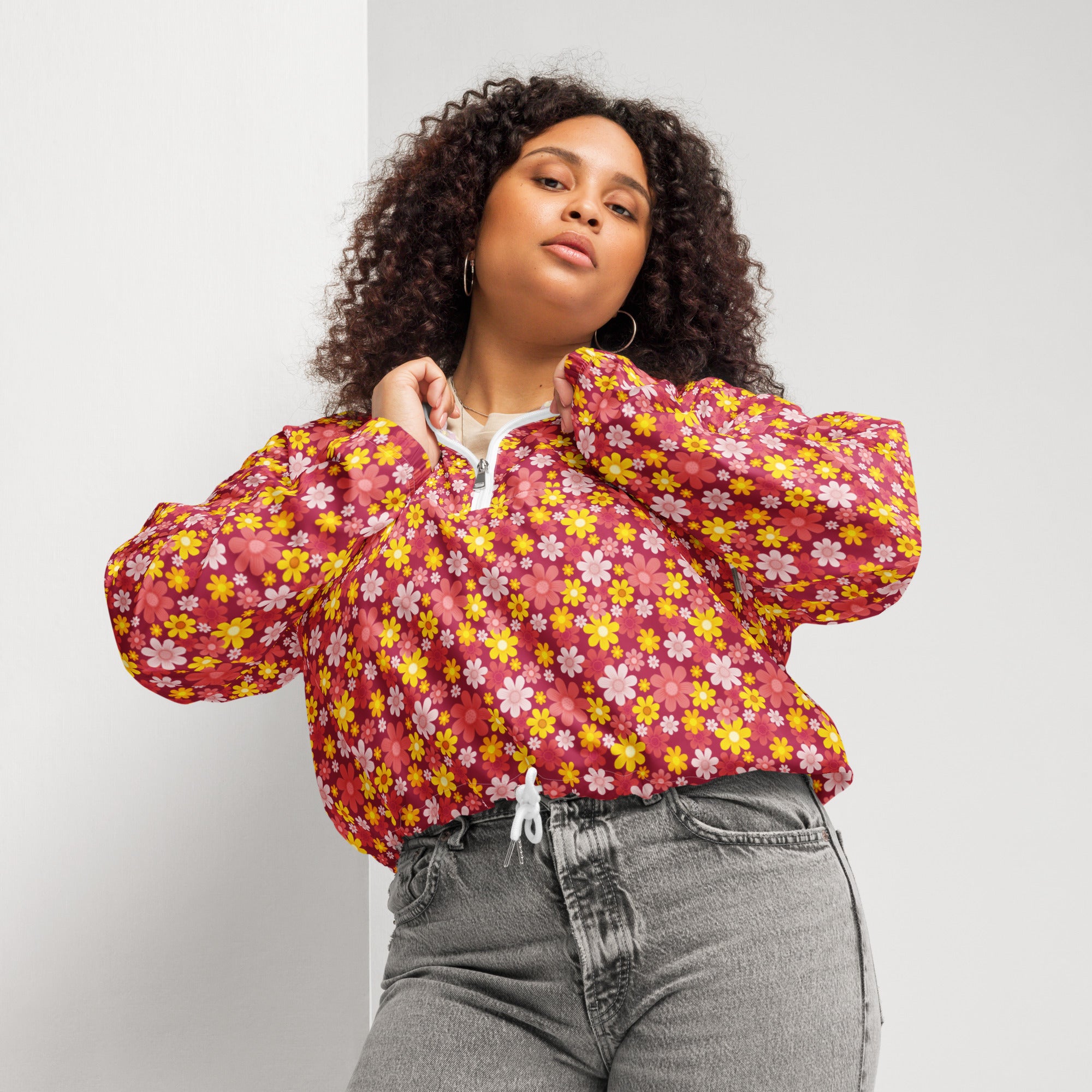 Women’s vibrant pink and yellow floral print bomber jacket with puffed sleeves lightweight and stylish outerwear