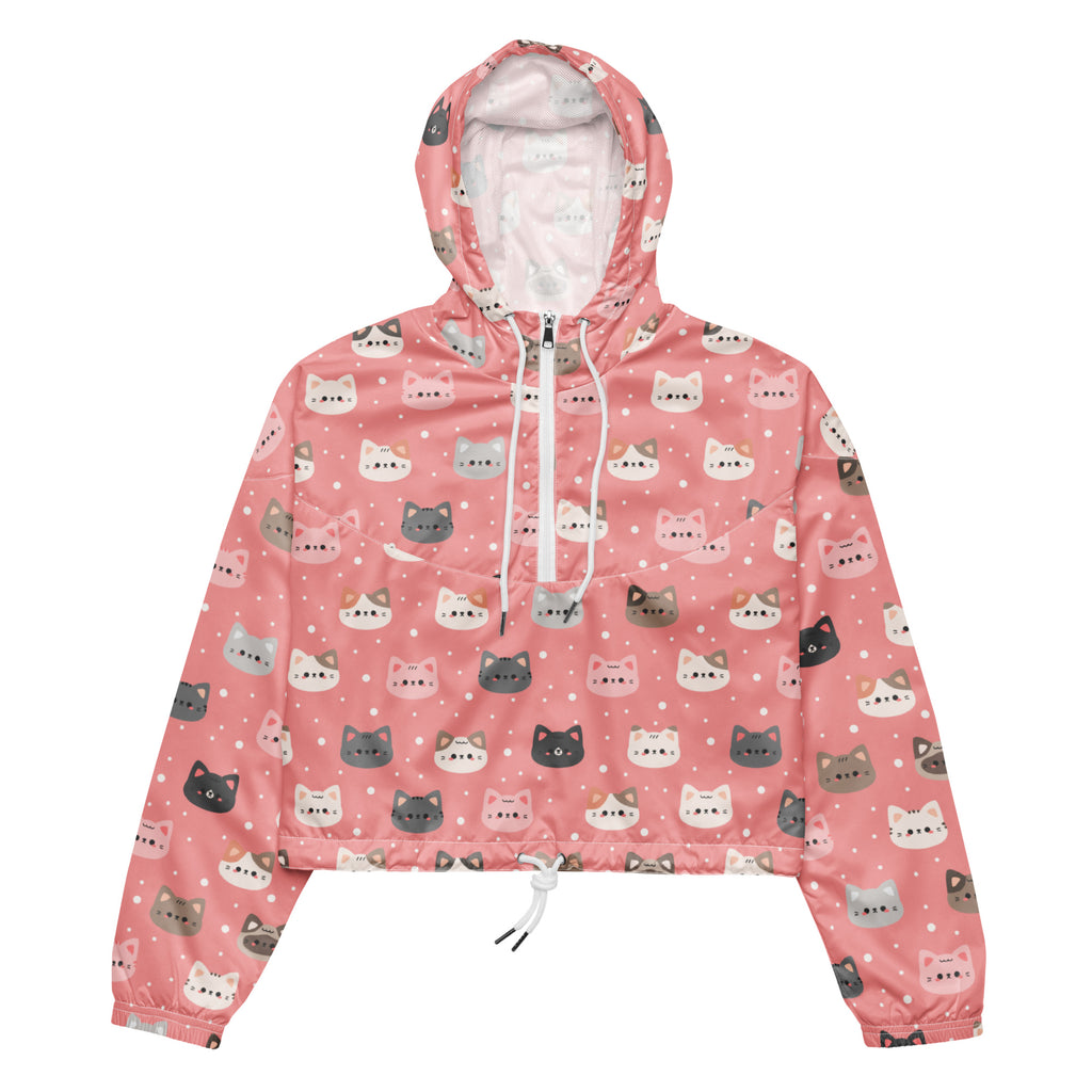 Women’s cute pink cat faces cropped windbreaker with playful cartoon cat pattern drawstring hood and front zipper