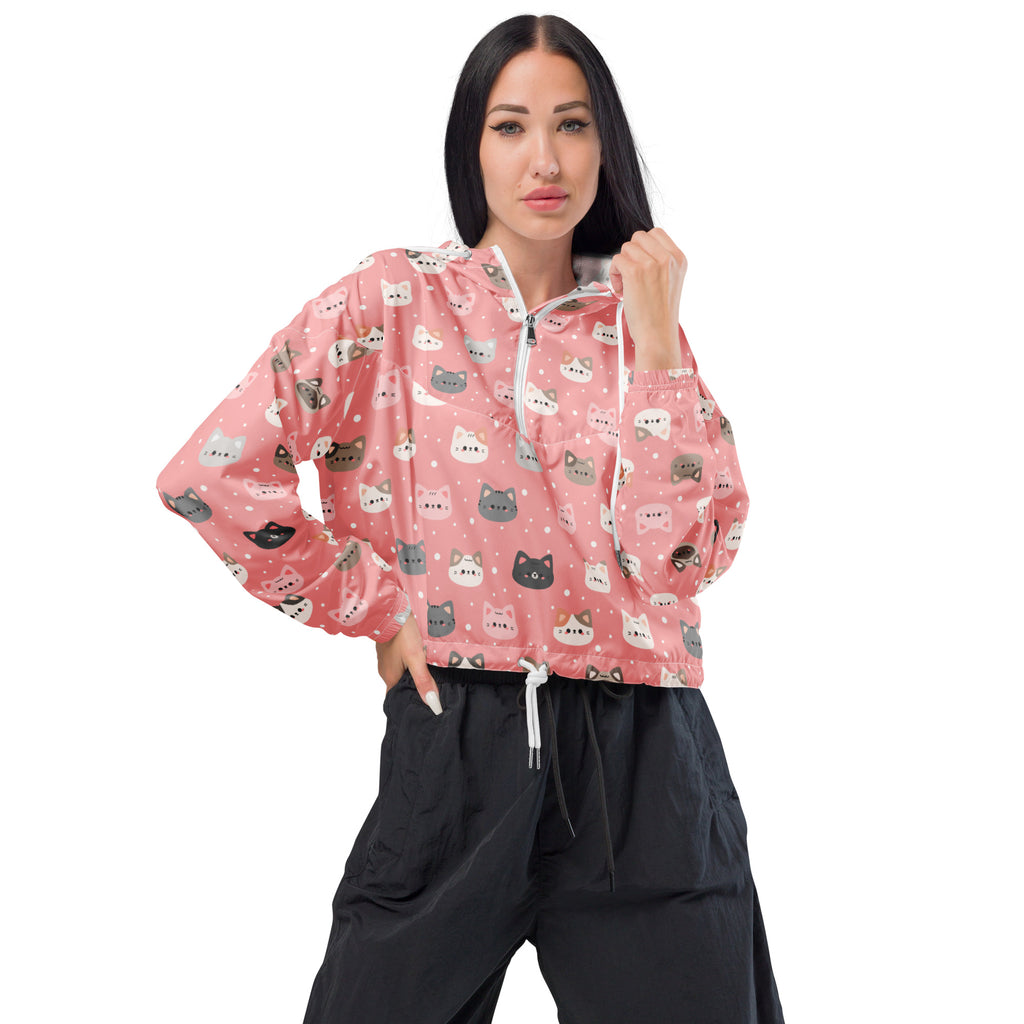 Women’s cute pink cat faces cropped windbreaker jacket with white zipper and adjustable drawstring hood