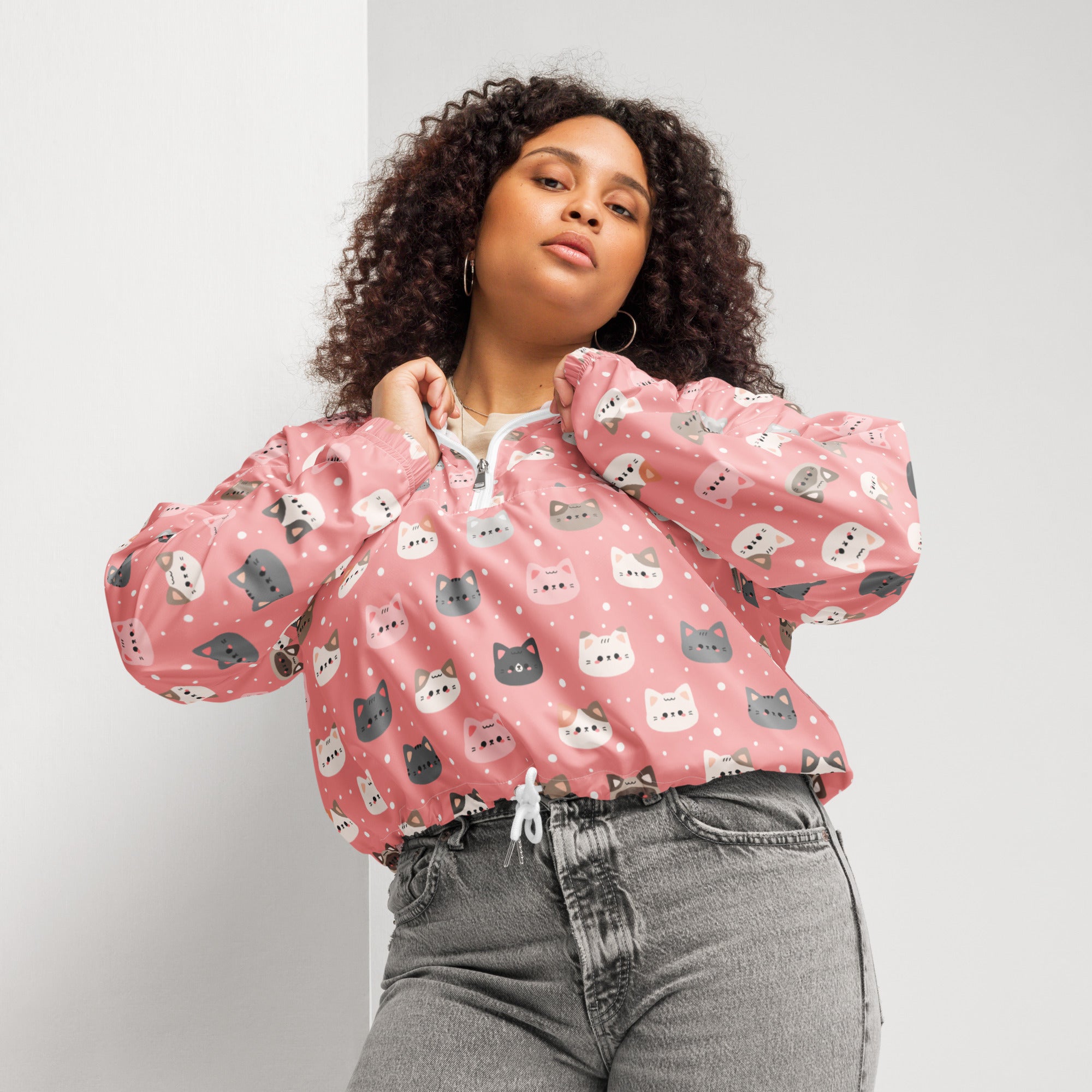 Women’s cute pink cat faces cropped windbreaker with white and gray cat prints on polka dot background and adjustable hood