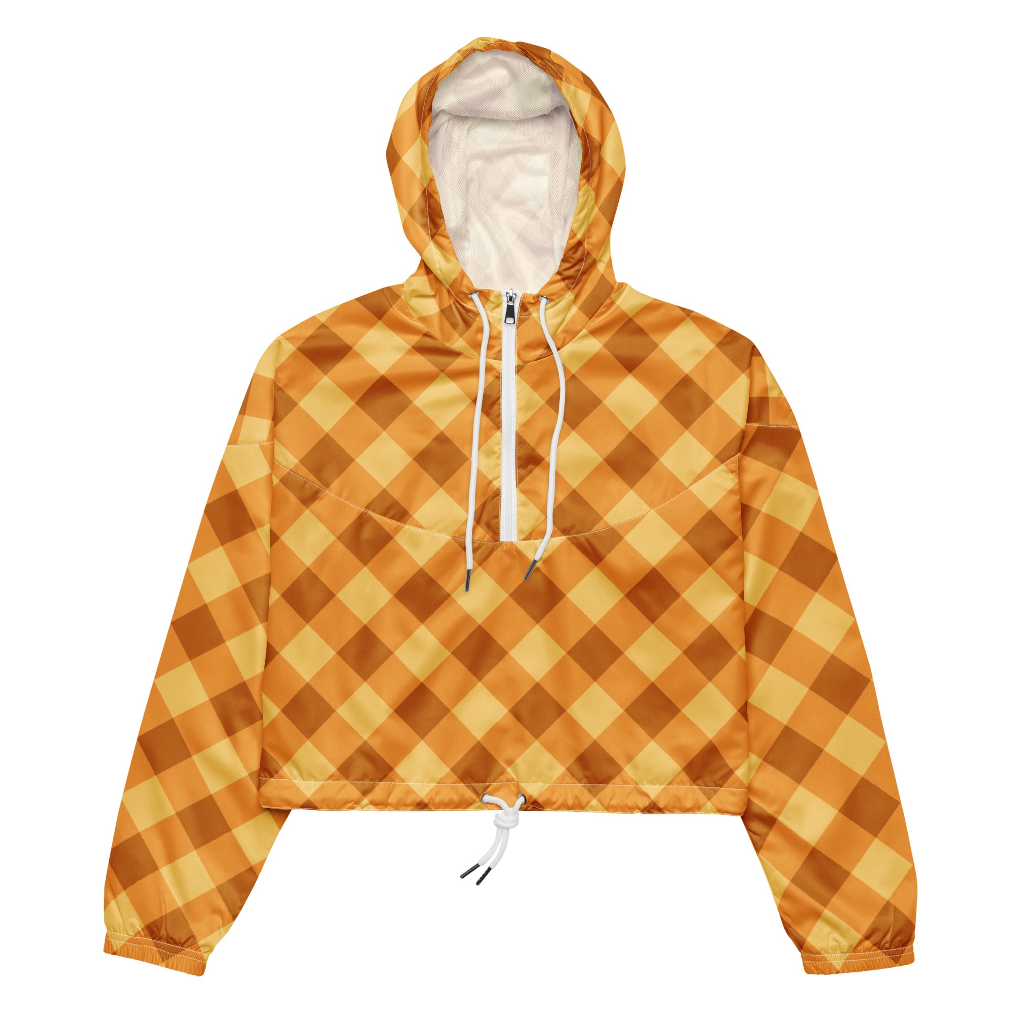 Women’s cropped windbreaker jacket with vibrant orange and yellow checkered pattern lightweight and water resistant