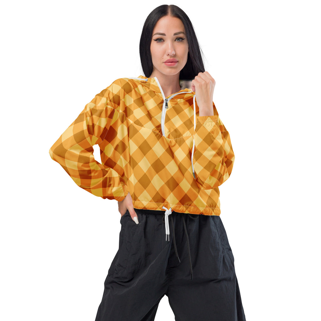 Women’s orange gingham cropped windbreaker with vibrant checkered pattern lightweight water resistant jacket with hood