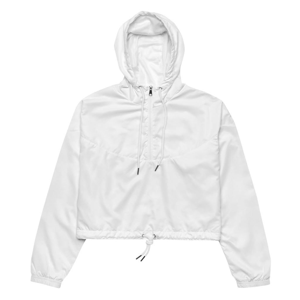Women’s white cropped windbreaker jacket with half-zip front, adjustable hood, and drawstring cuffs, lightweight and water resistant
