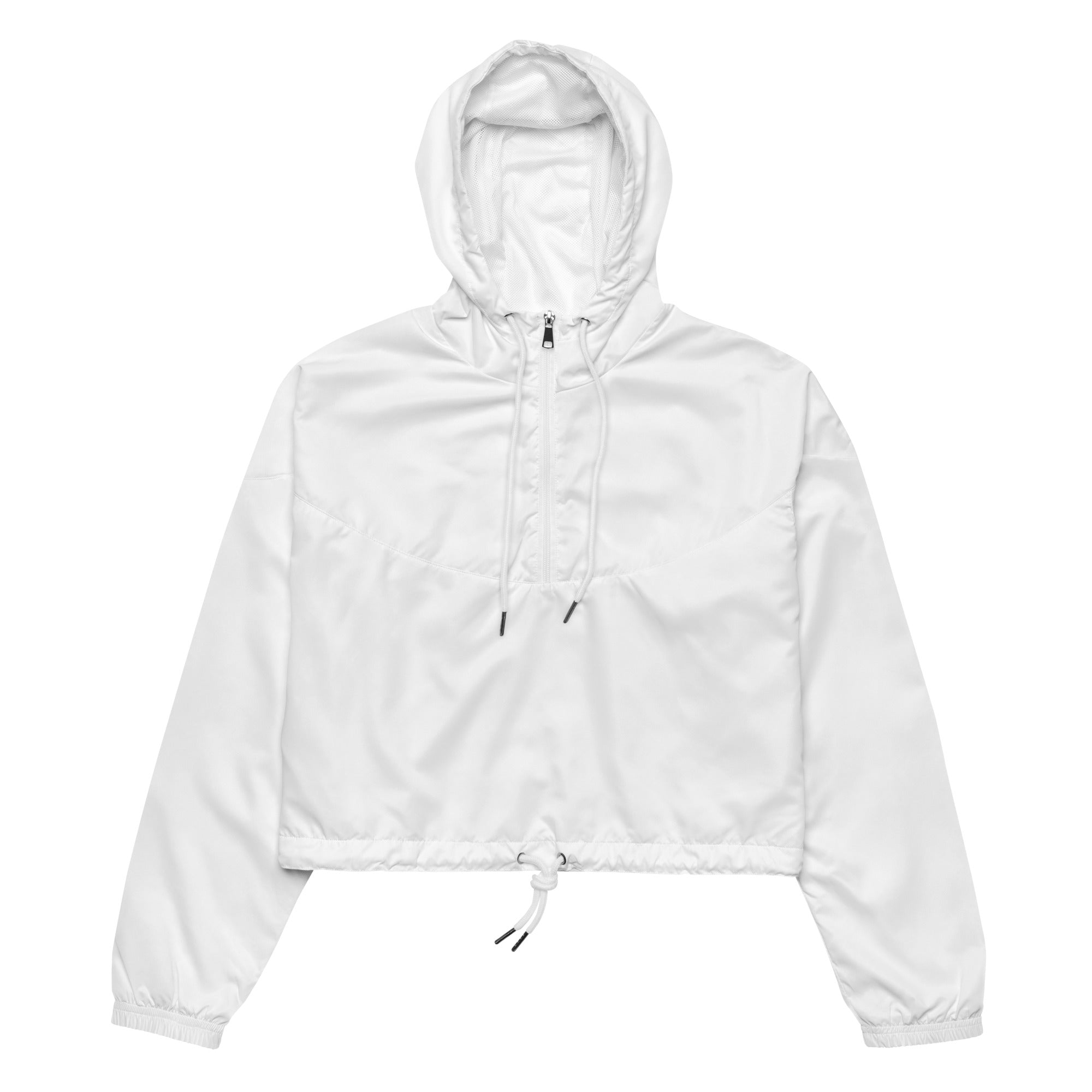Women’s white cropped windbreaker jacket with half-zip front, adjustable hood, and drawstring cuffs, lightweight and water resistant