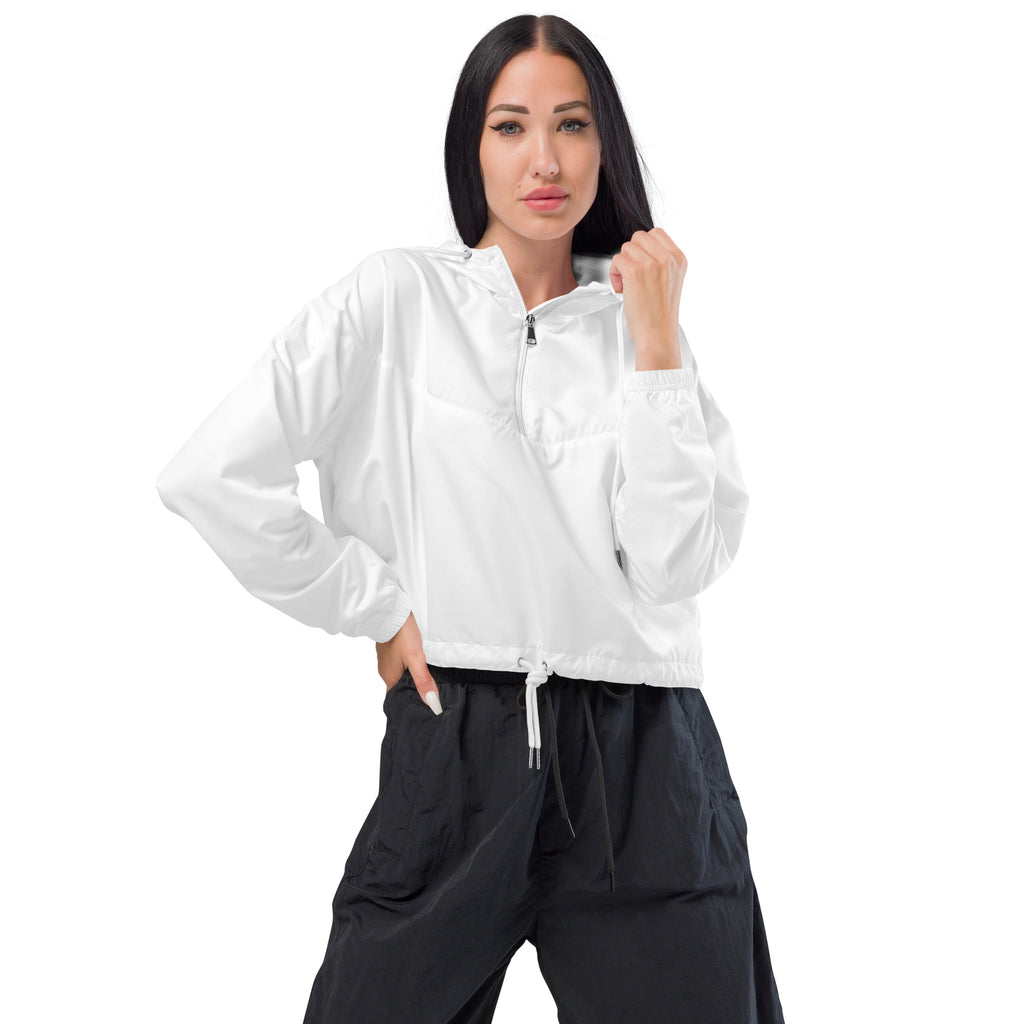 Women’s white cropped windbreaker nylon half-zip lightweight jacket with drawstring waist and adjustable hood