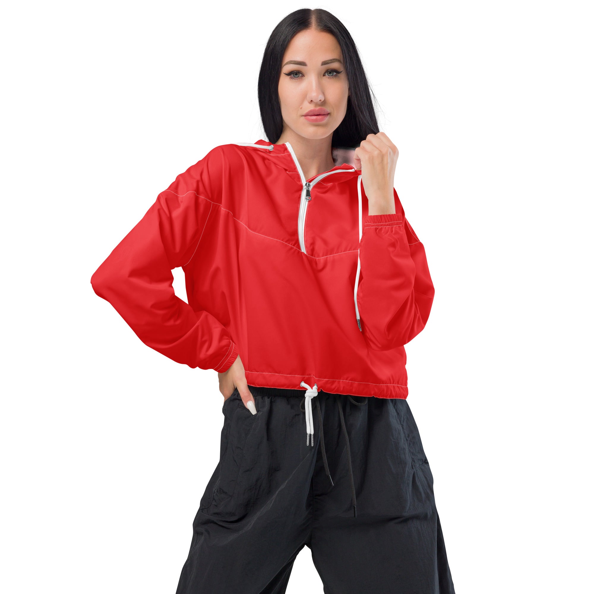 Women’s red cropped windbreaker jacket with white zipper and drawstrings lightweight water resistant with hood and pockets