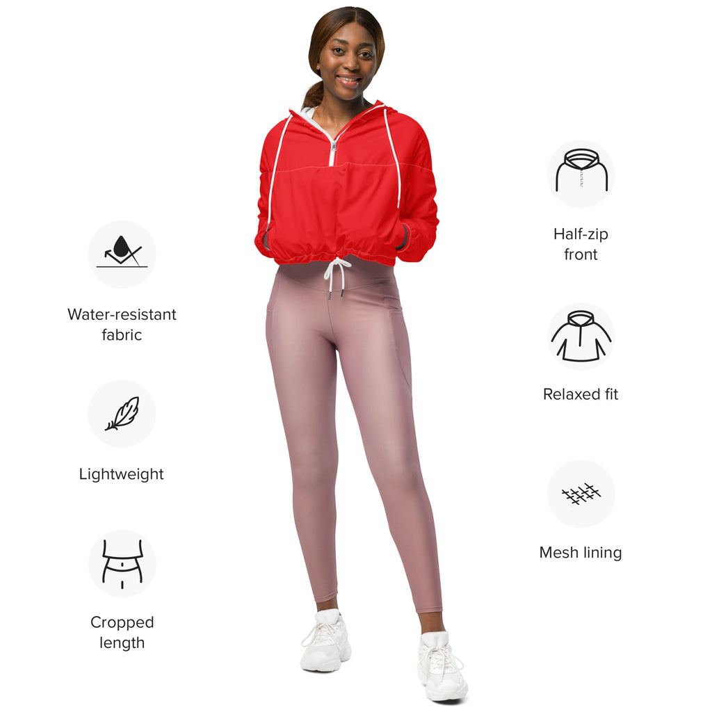 Women’s red cropped windbreaker with white drawstrings and mesh lining lightweight water resistant jacket