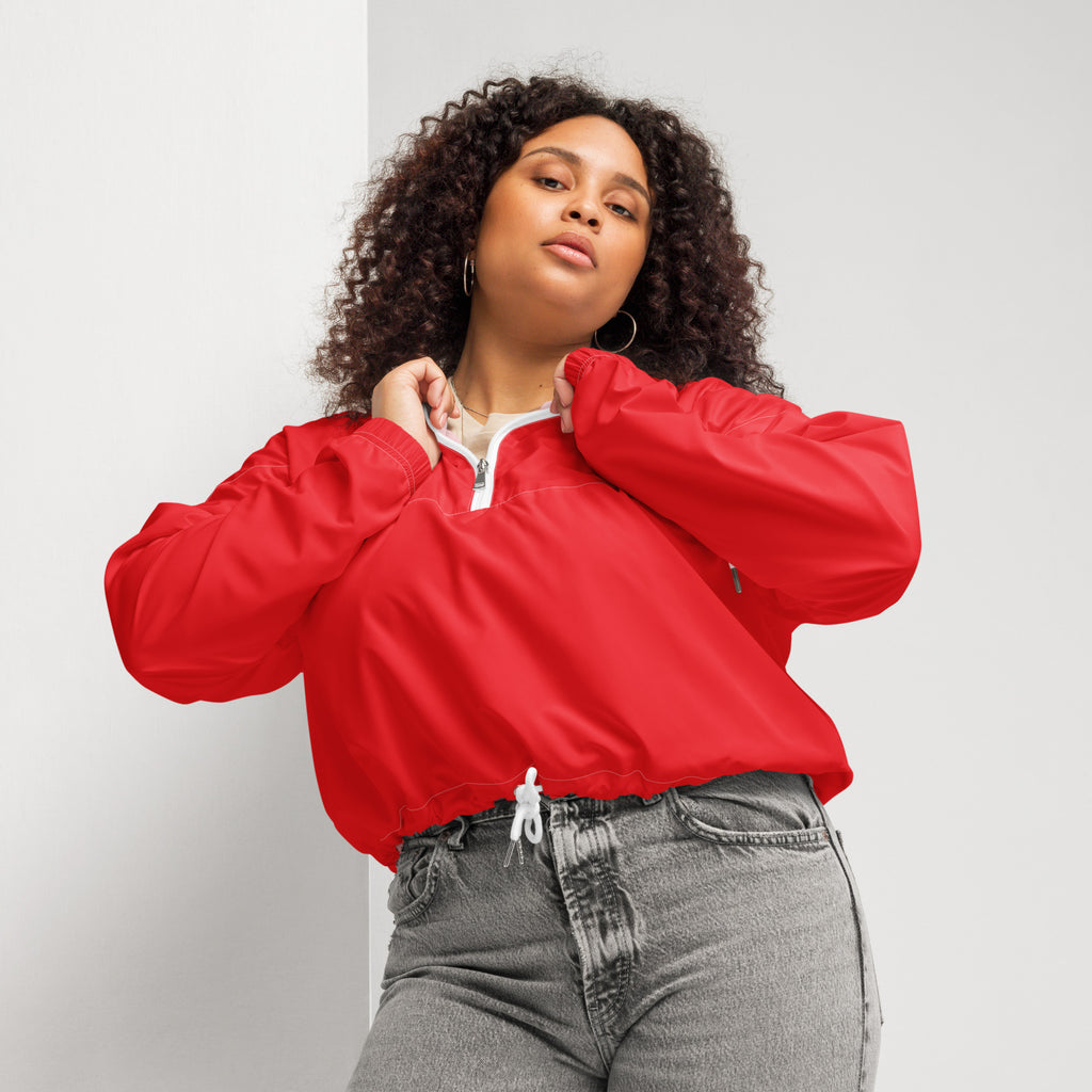Women’s red nylon cropped bomber jacket with white zipper and drawstring hem lightweight and water resistant