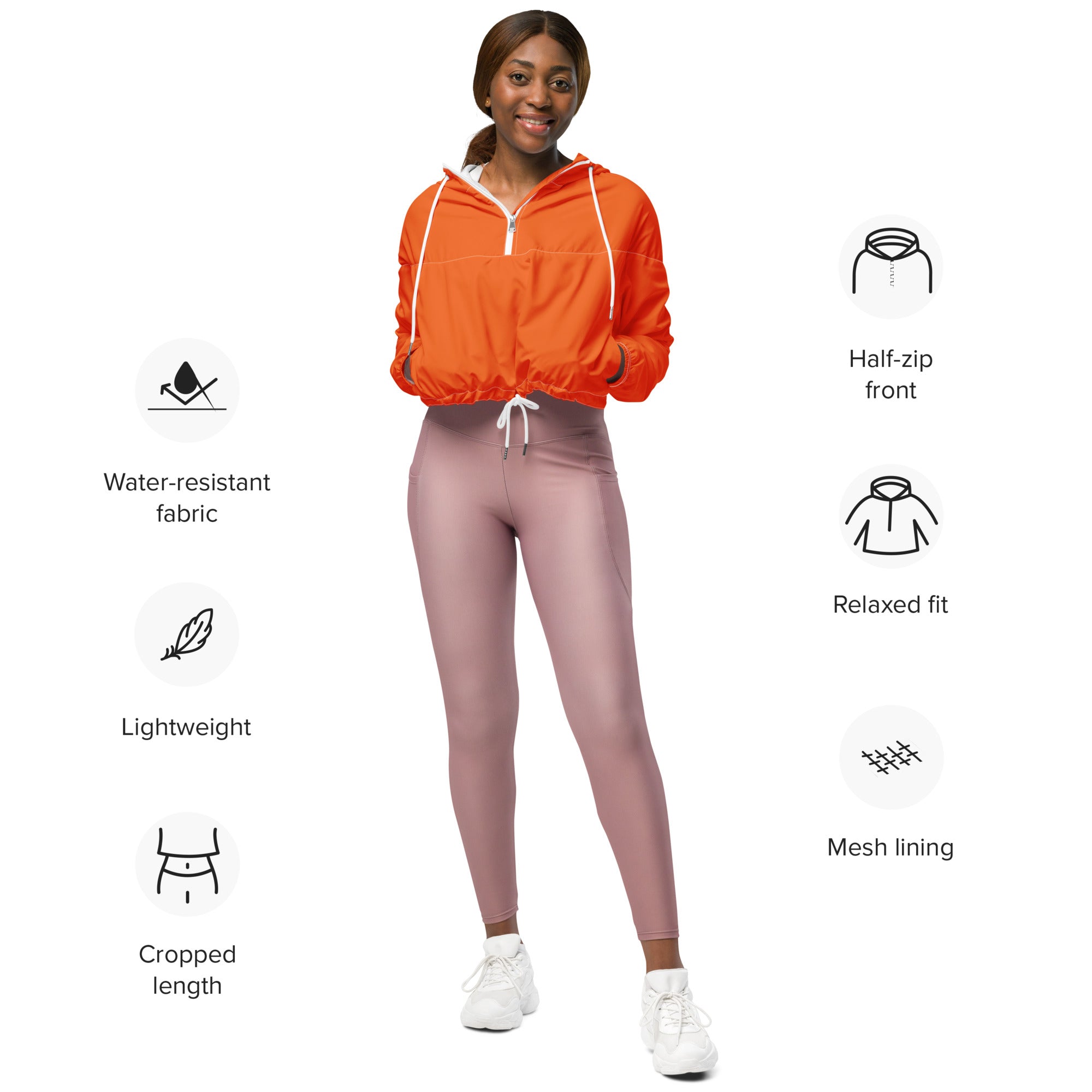 Women’s orange cropped windbreaker with white drawstrings mesh lining lightweight water resistant jacket with hood and pockets
