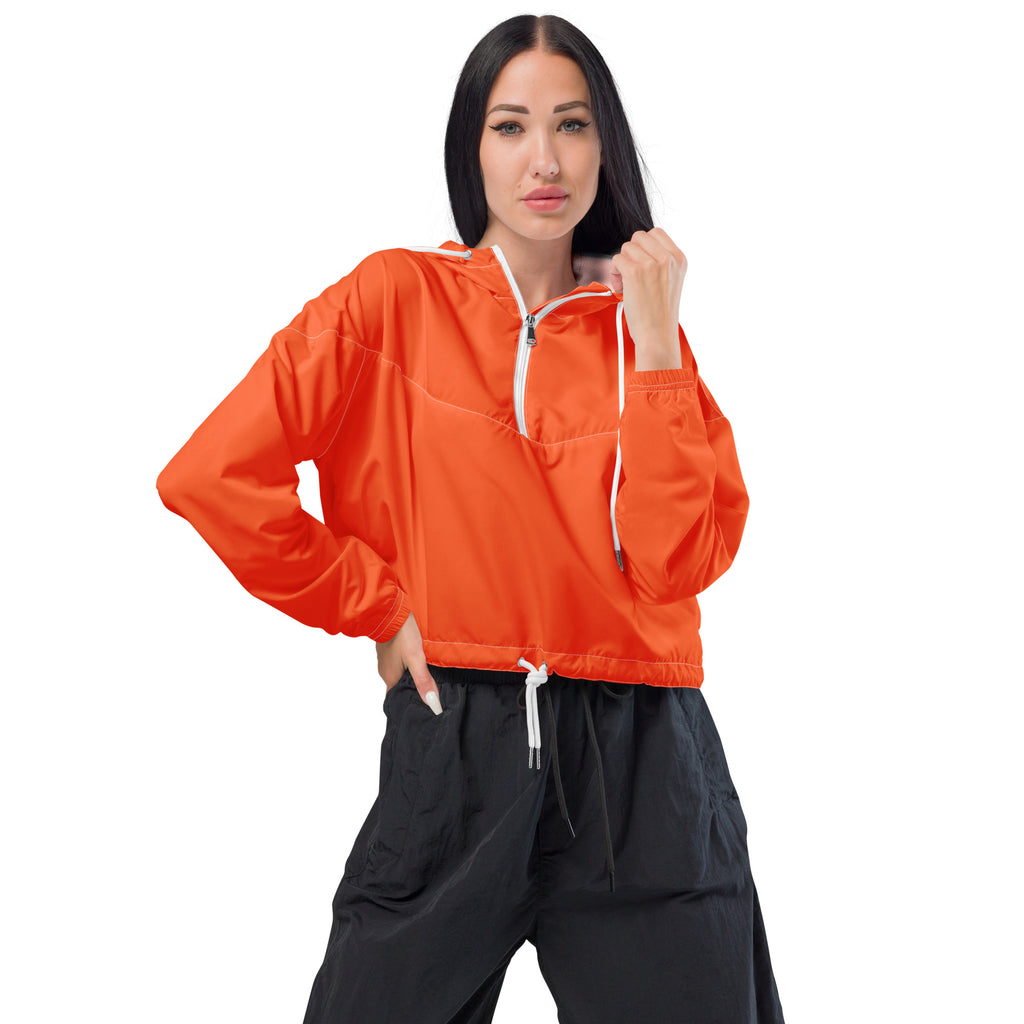 Women’s bright orange cropped windbreaker with white zipper and drawstrings lightweight water resistant jacket
