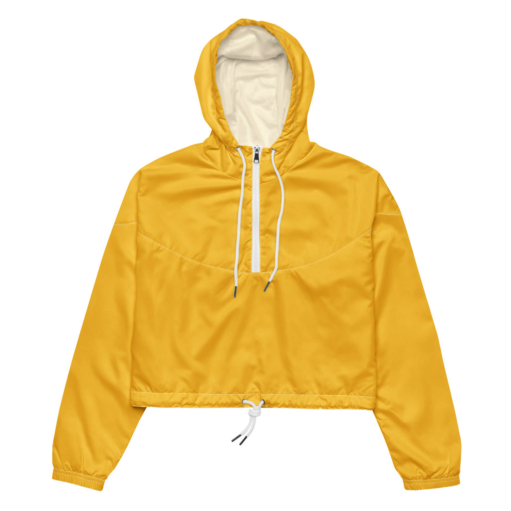 Women’s yellow cropped windbreaker with adjustable hood white drawstrings and matching zipper lightweight water resistant jacket