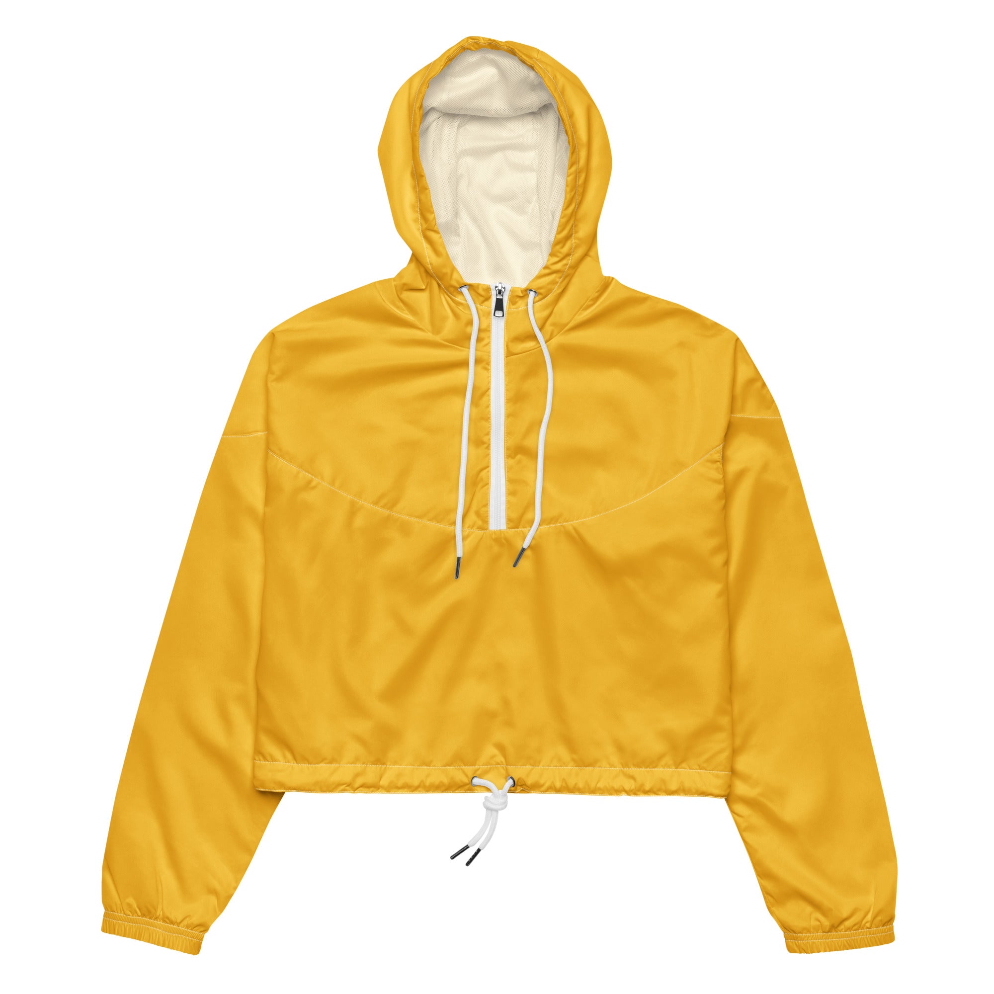 Women’s yellow cropped windbreaker with adjustable hood white drawstrings and matching zipper lightweight water resistant jacket