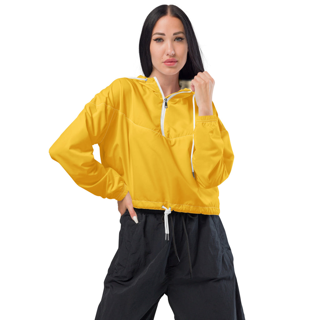 Women’s yellow cropped windbreaker with white zipper and drawstrings lightweight water resistant jacket with hood and pockets