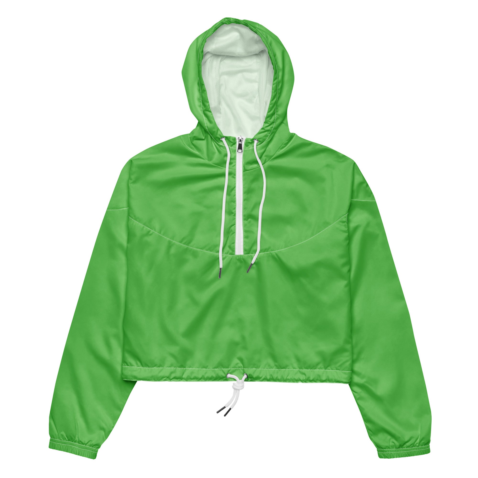 Women’s bright green cropped windbreaker jacket with white drawstrings and matching inner lining, lightweight and water resistant