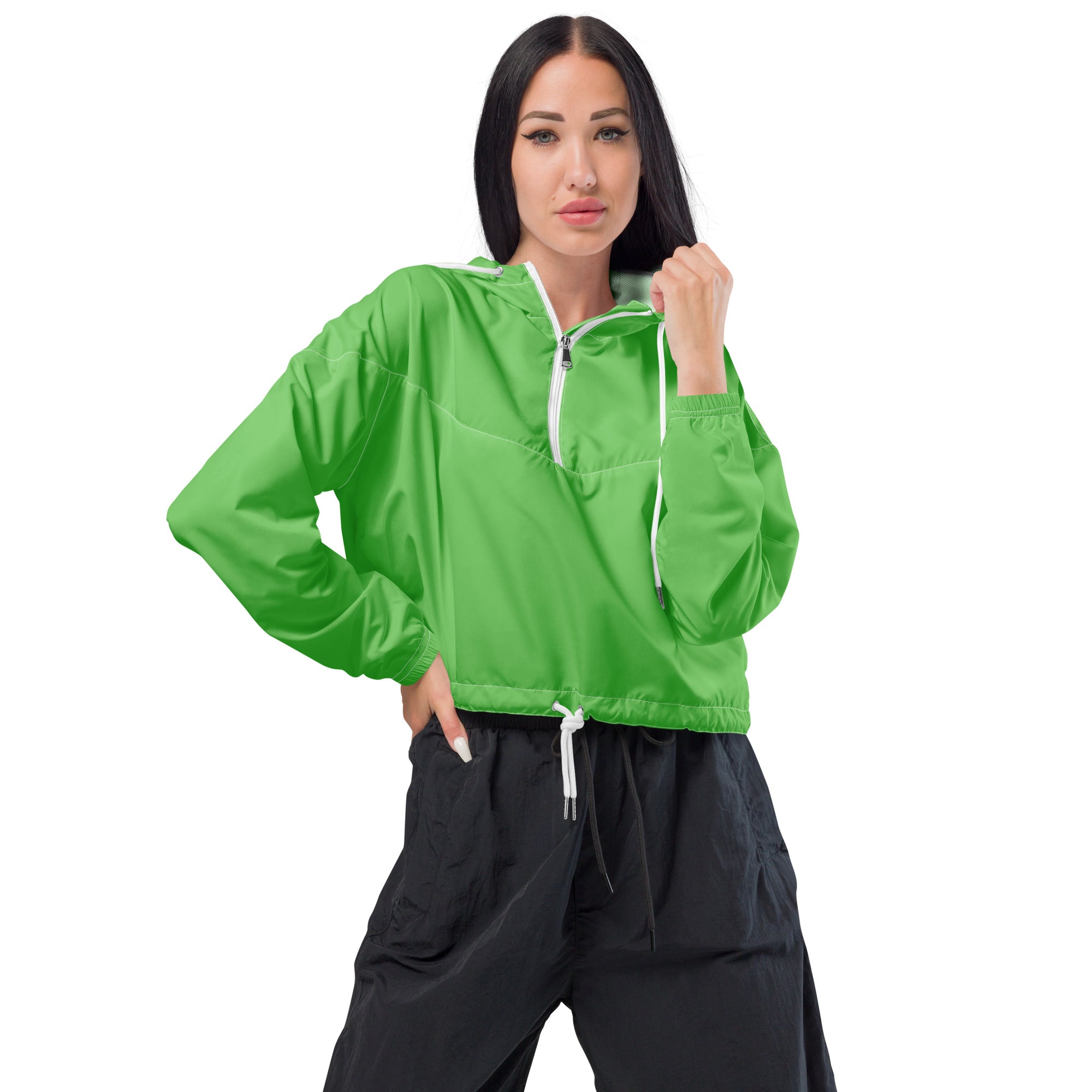 Women’s bright green cropped windbreaker with white zipper and drawstrings lightweight water resistant jacket