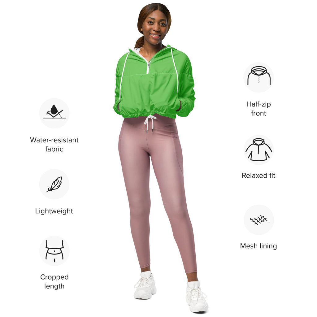 Women’s green cropped windbreaker with white drawstrings half zip lightweight water resistant jacket with pockets