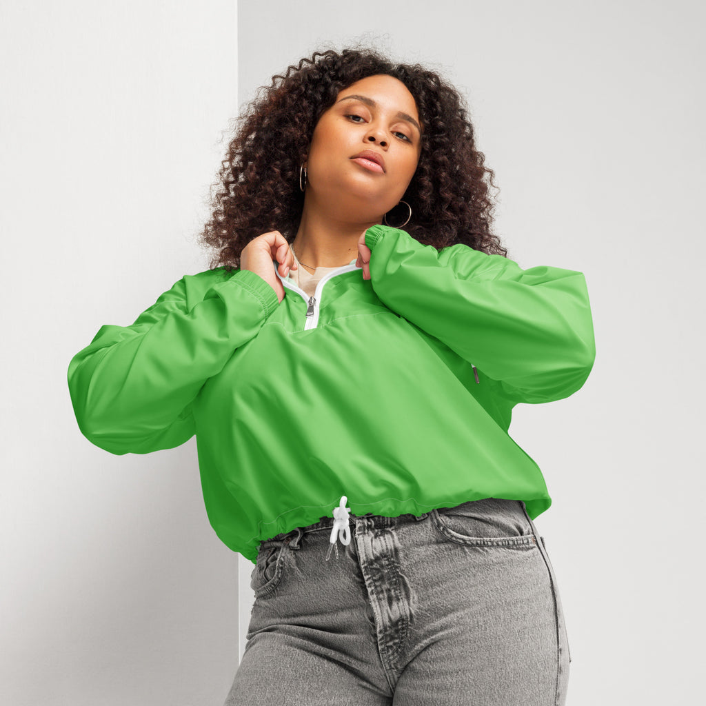 Women’s bright green cropped windbreaker jacket with white zipper drawstring waist lightweight water resistant