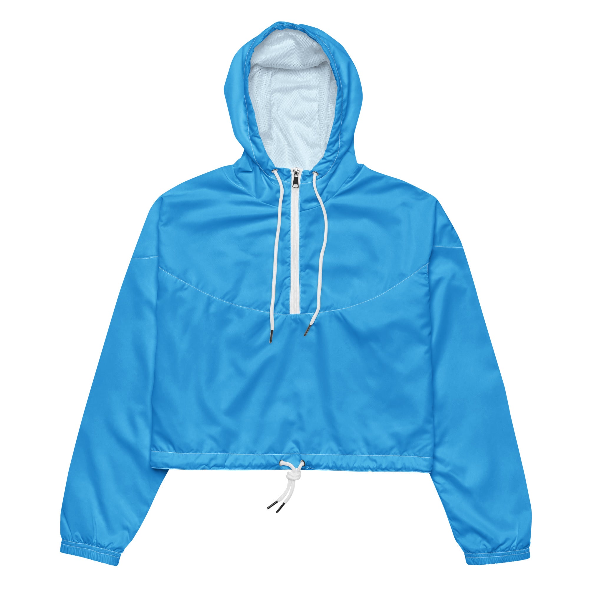 Women’s sky blue cropped windbreaker with adjustable hood white drawstrings and matching zipper lightweight and water resistant