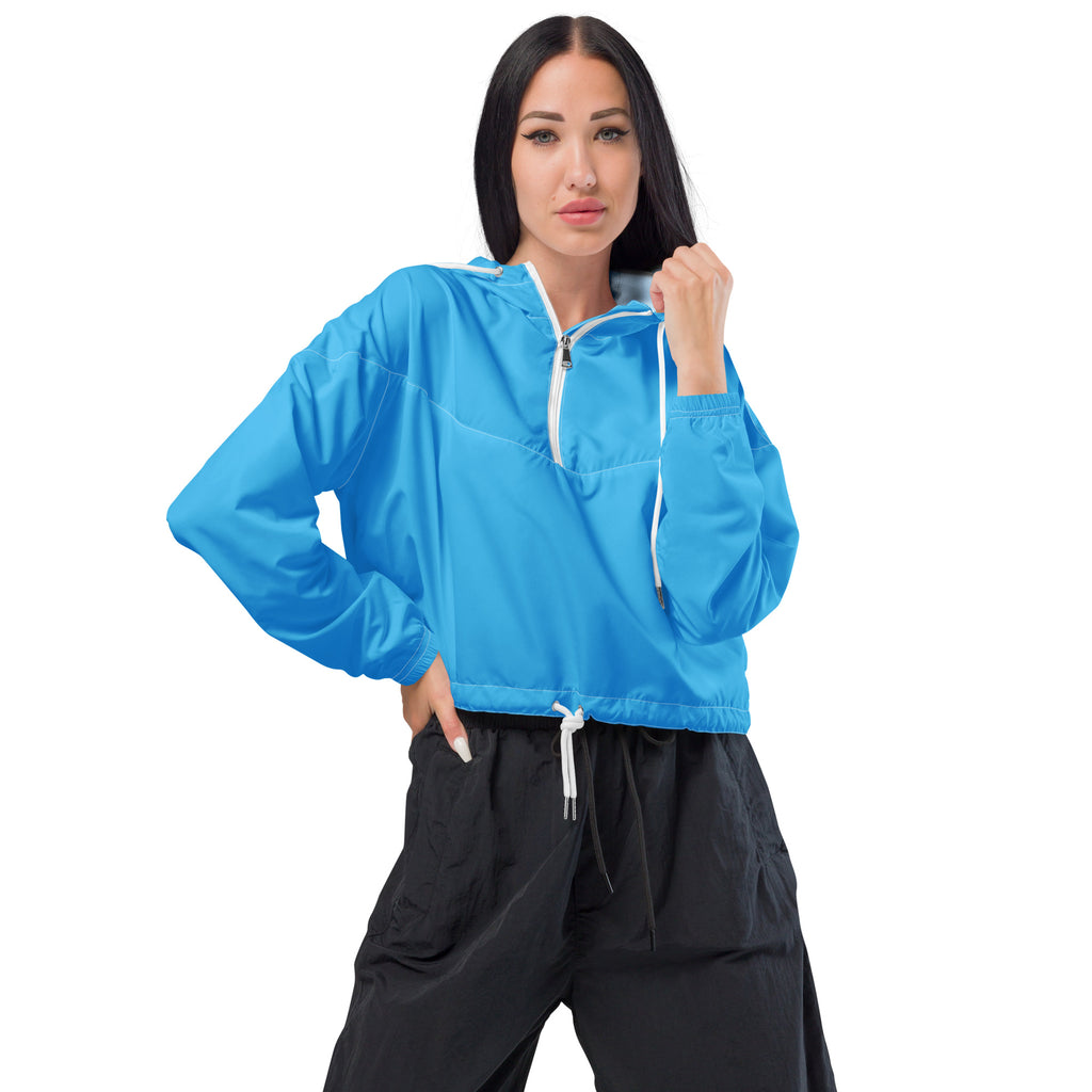 Women’s sky blue cropped windbreaker with white zipper and drawstrings lightweight water resistant jacket