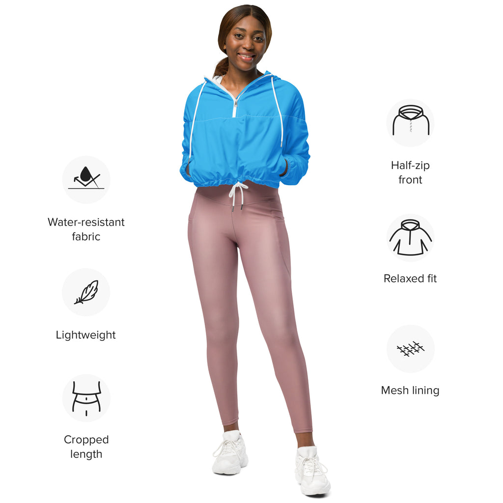 Women’s sky blue cropped windbreaker with white zipper and drawstring lightweight water resistant jacket