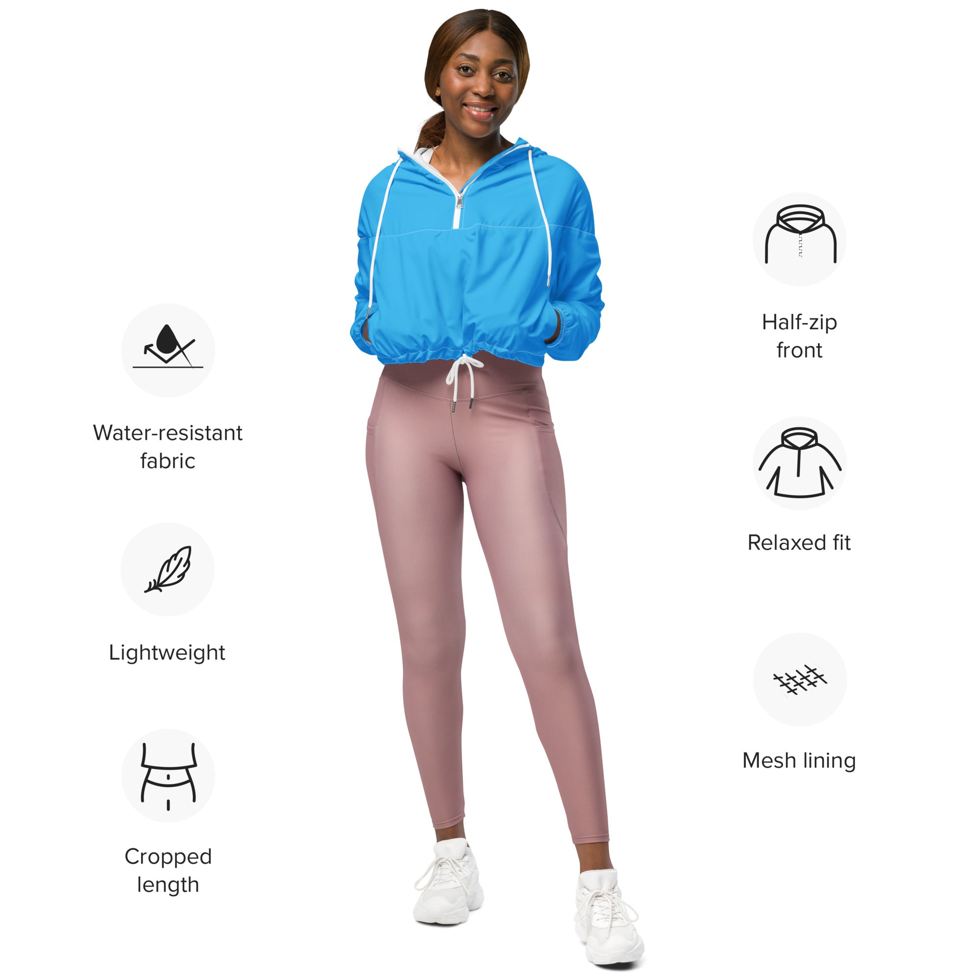 Women’s sky blue cropped windbreaker with white zipper and drawstring lightweight water resistant jacket