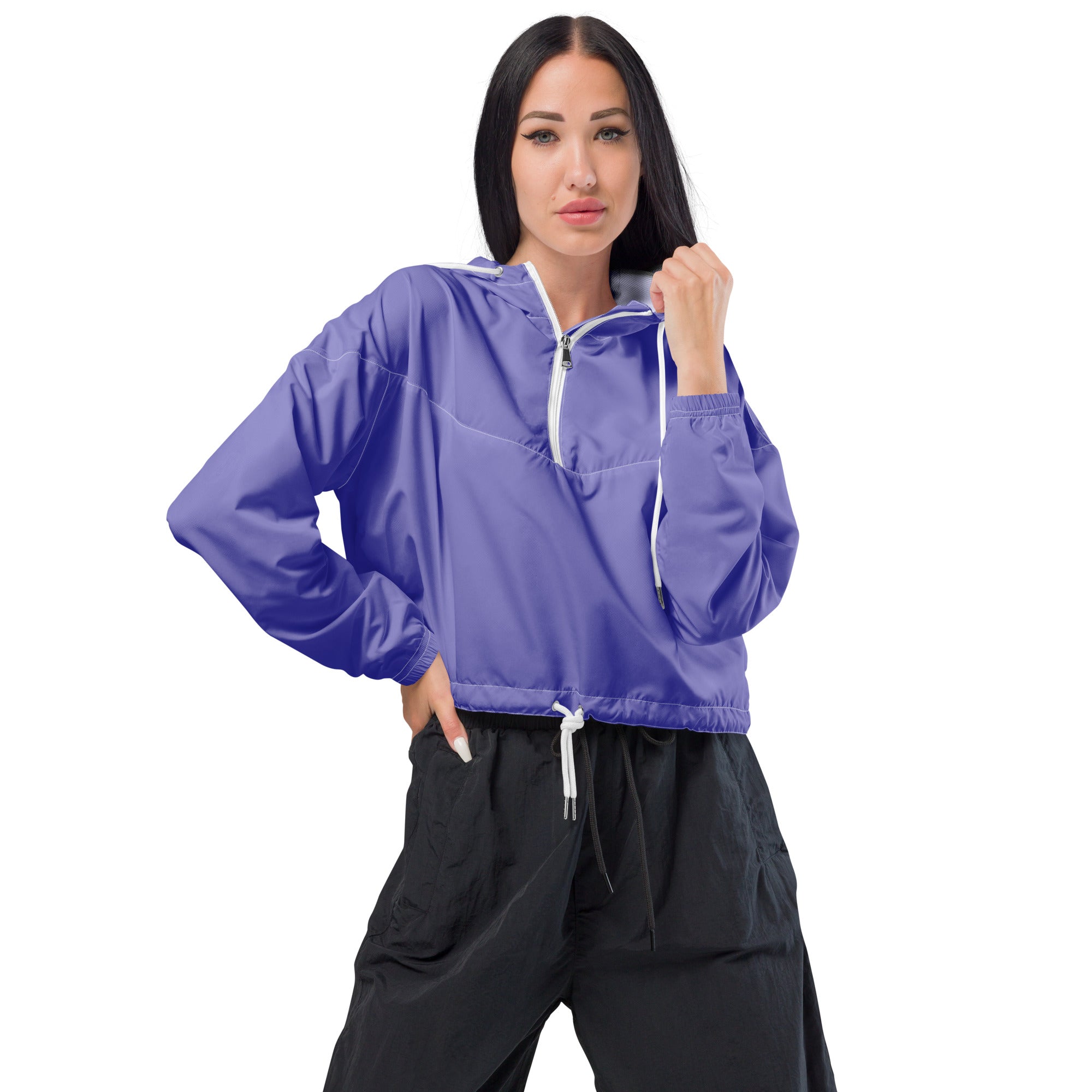 Women purple cropped lightweight windbreaker jacket with white zipper and drawstring details for outdoor use