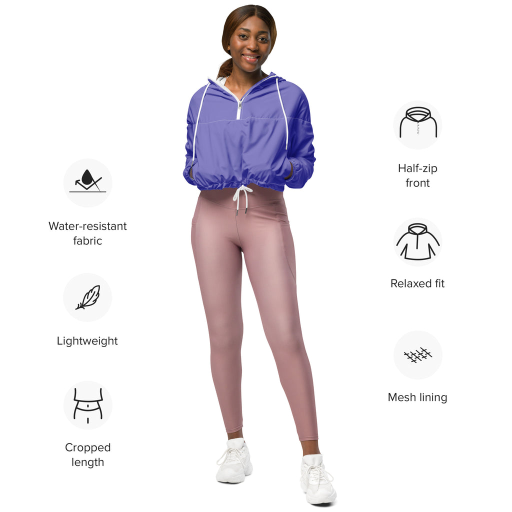 Women’s purple cropped half-zip athletic jacket with white zipper and drawstring made of water-resistant fabric
