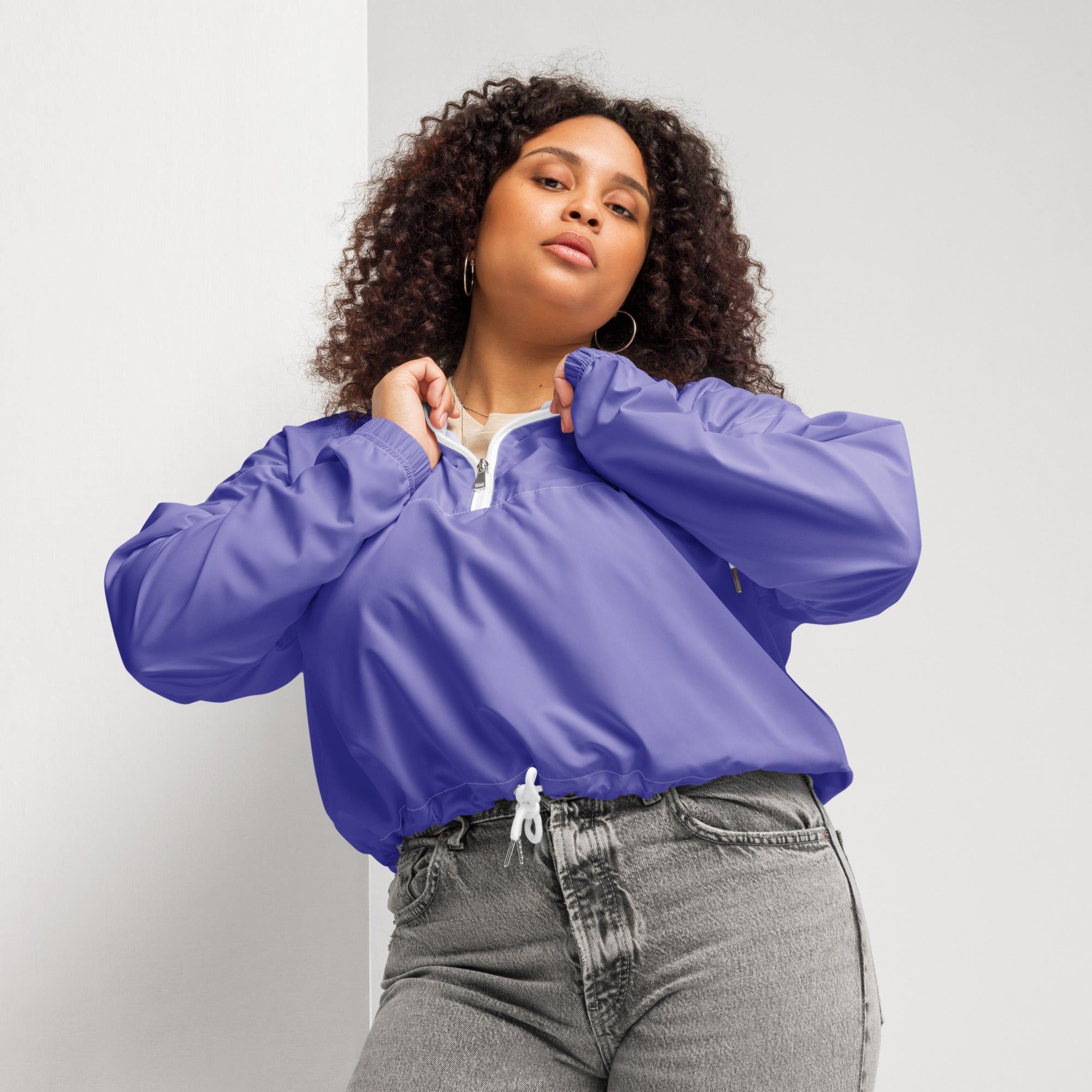 Women’s purple cropped nylon windbreaker with white zipper and drawstring waistband lightweight water resistant jacket