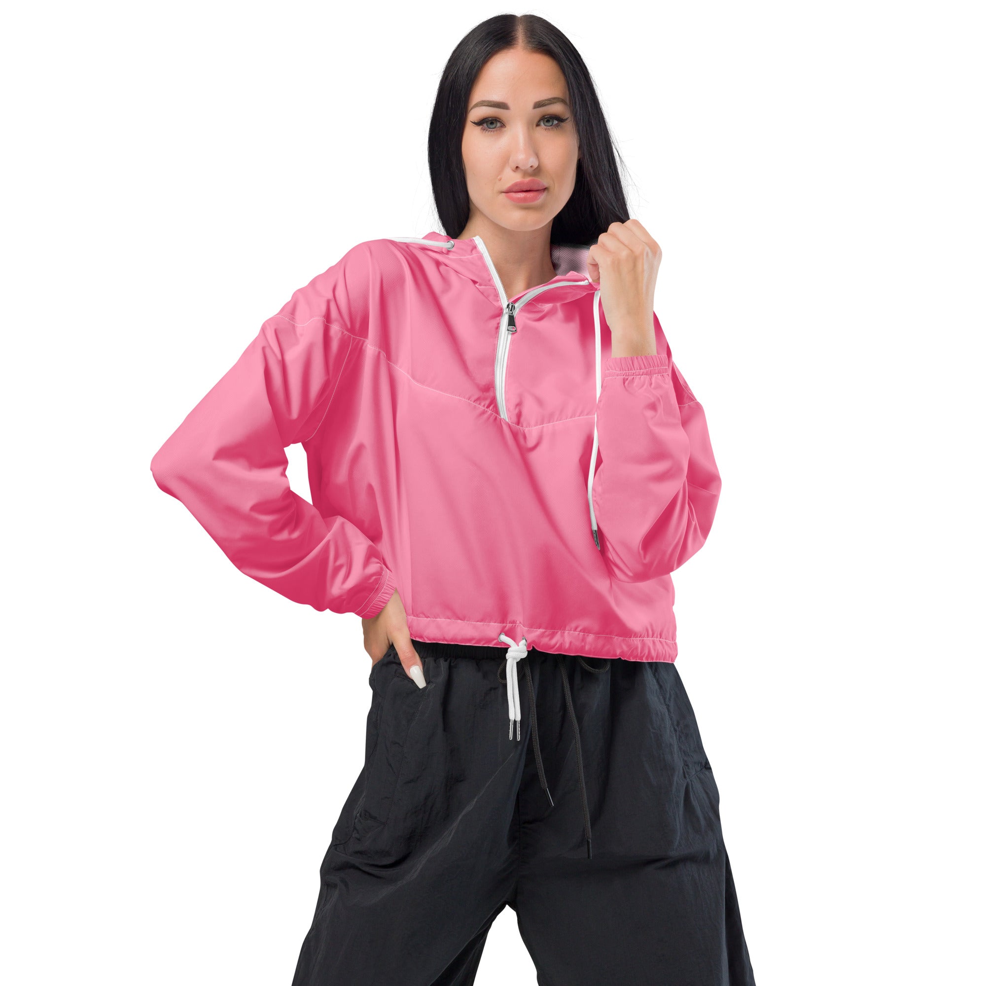 Women’s pink cropped windbreaker jacket with lightweight water resistant fabric white zipper and adjustable hood
