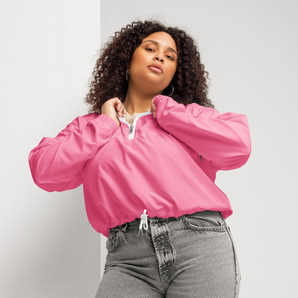 Women’s pink cropped nylon bomber jacket with white zipper and adjustable drawstring waist lightweight windbreaker
