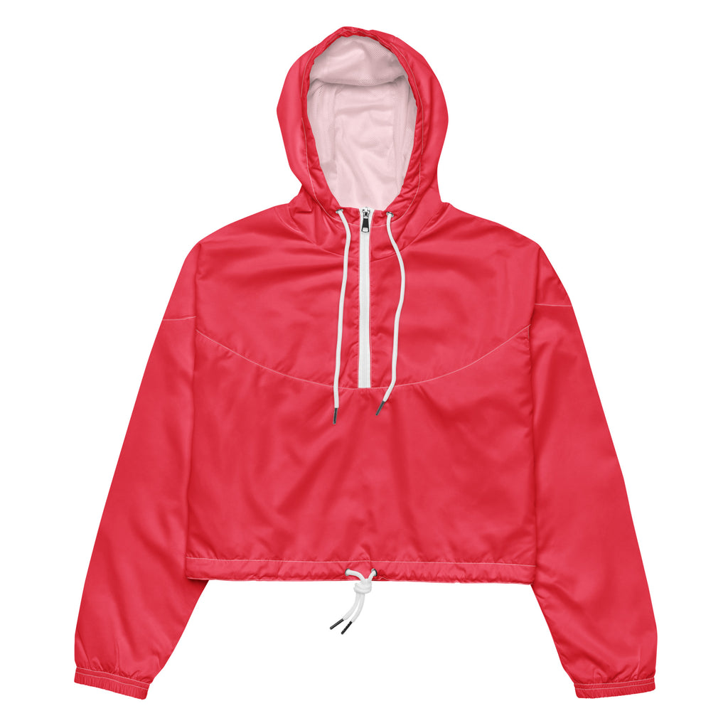 A vibrant red cropped hooded windbreaker with white lining, half-zip front, and adjustable drawstrings