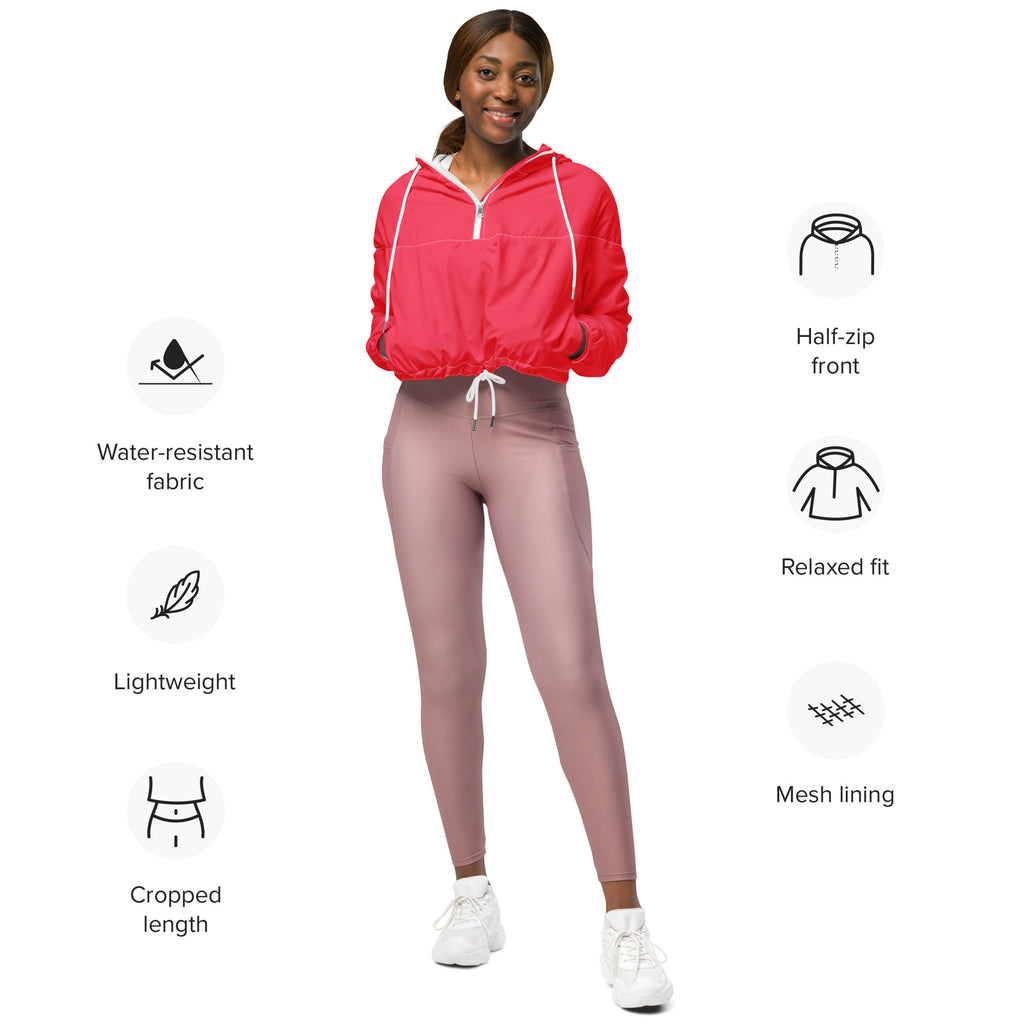 A vibrant red half zip cropped windbreaker with white drawstrings mesh lining lightweight water resistant jacket