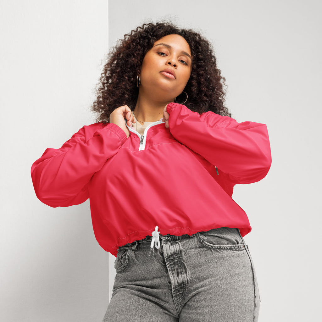 Women’s bright pink nylon bomber jacket with white zipper and drawstring hem lightweight and water resistant
