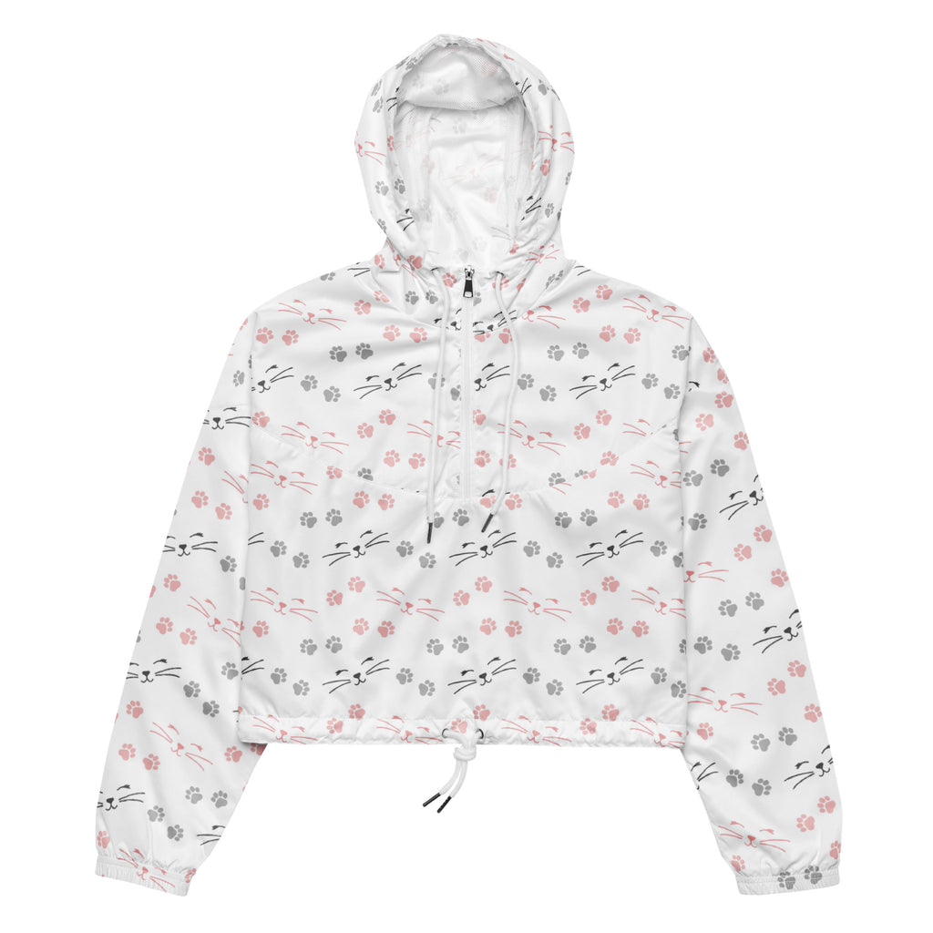 White hooded windbreaker with pink and gray cat faces and paw prints lightweight water resistant jacket for women