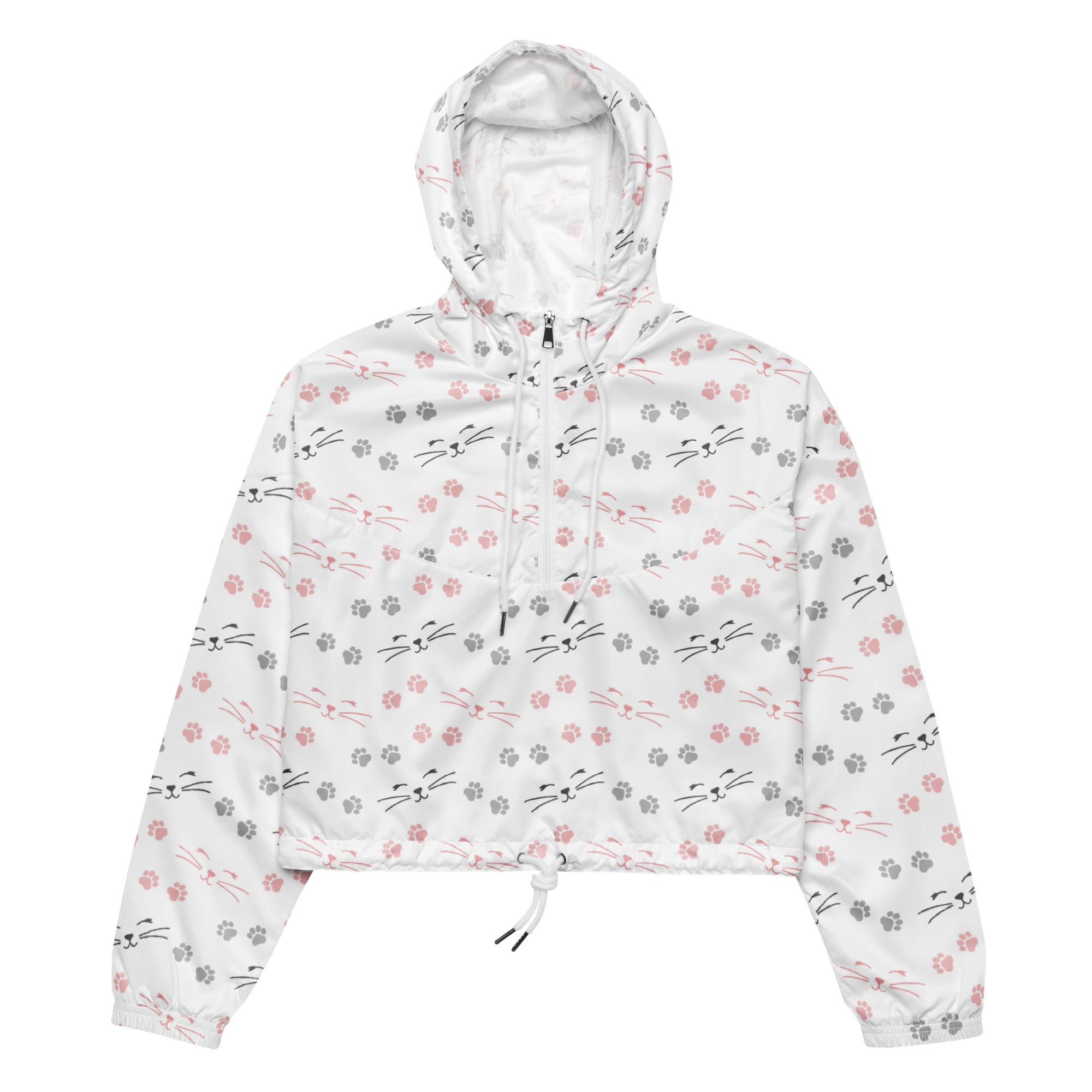 White hooded windbreaker with pink and gray cat faces and paw prints lightweight water resistant jacket for women
