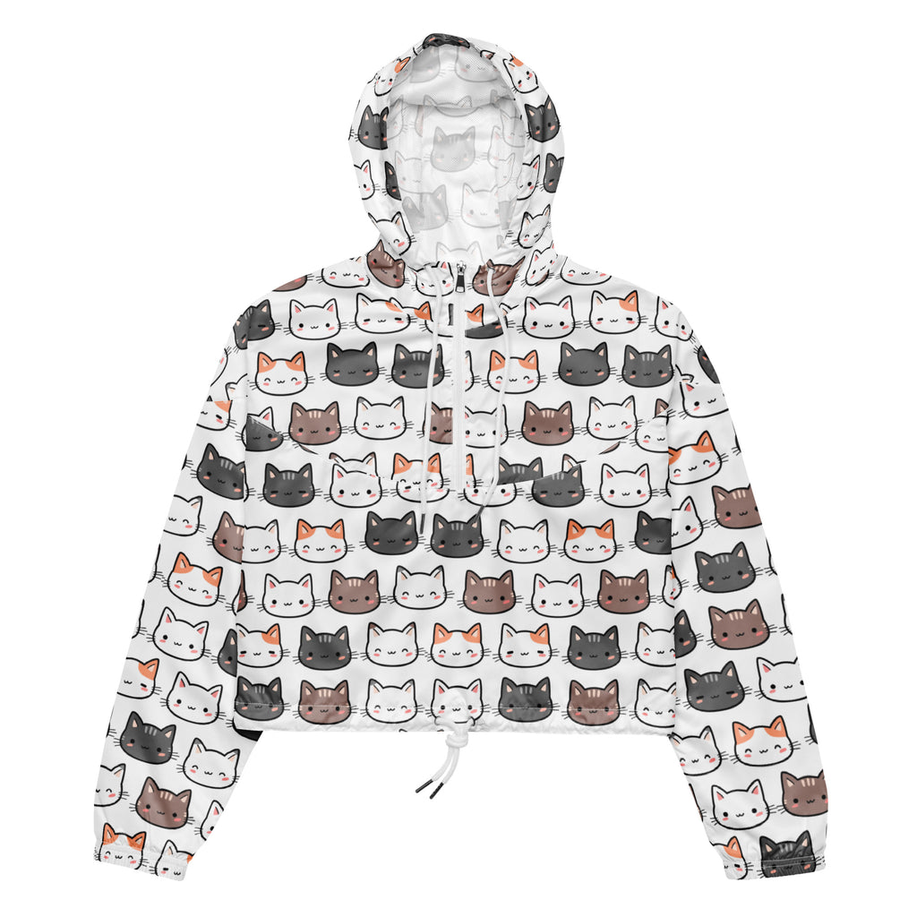 White women’s cat cropped windbreaker with colorful cartoon cat pattern lightweight water resistant with hood and pockets