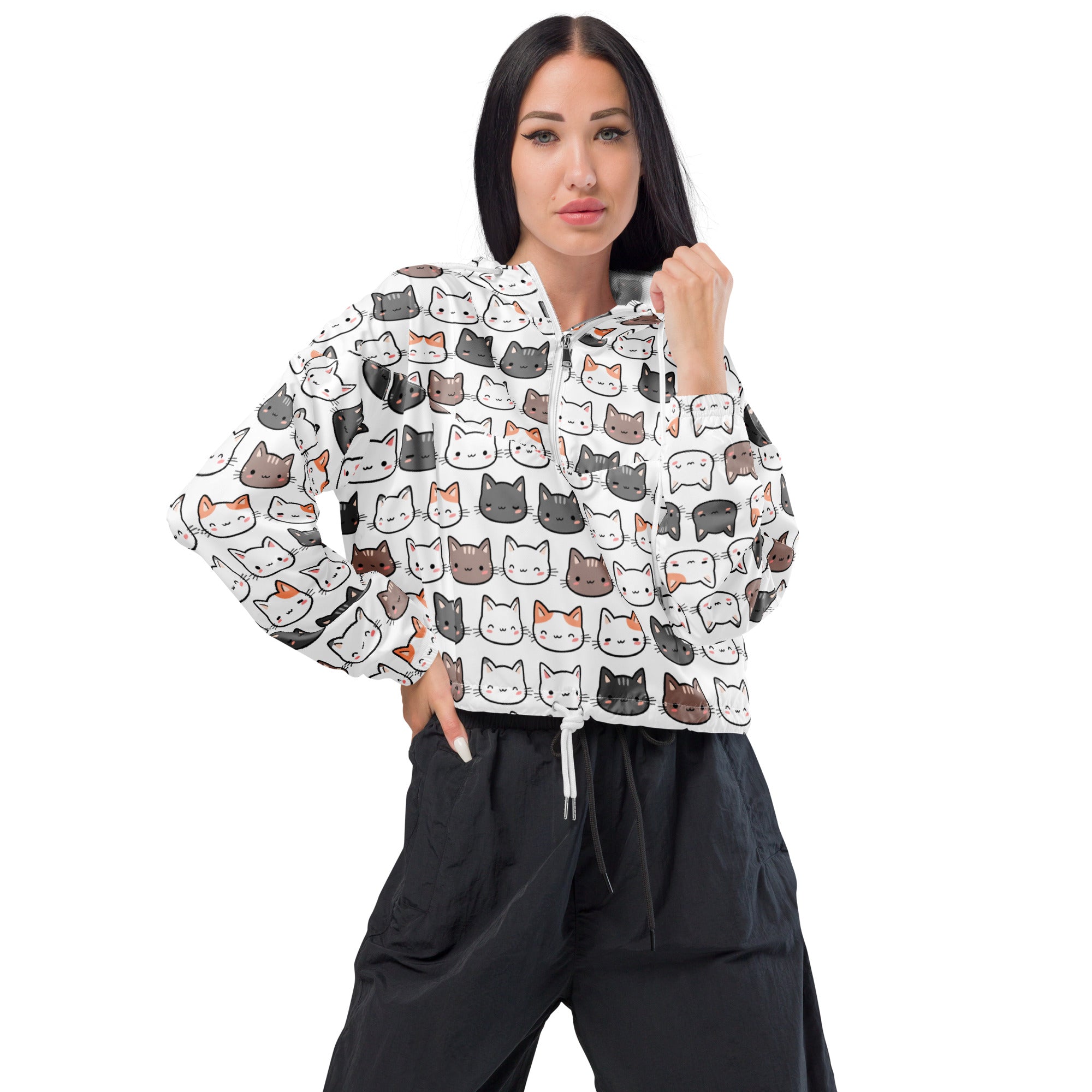 White cropped hoodie with cartoon cat pattern lightweight water resistant women’s cat cropped windbreaker with hood and pockets