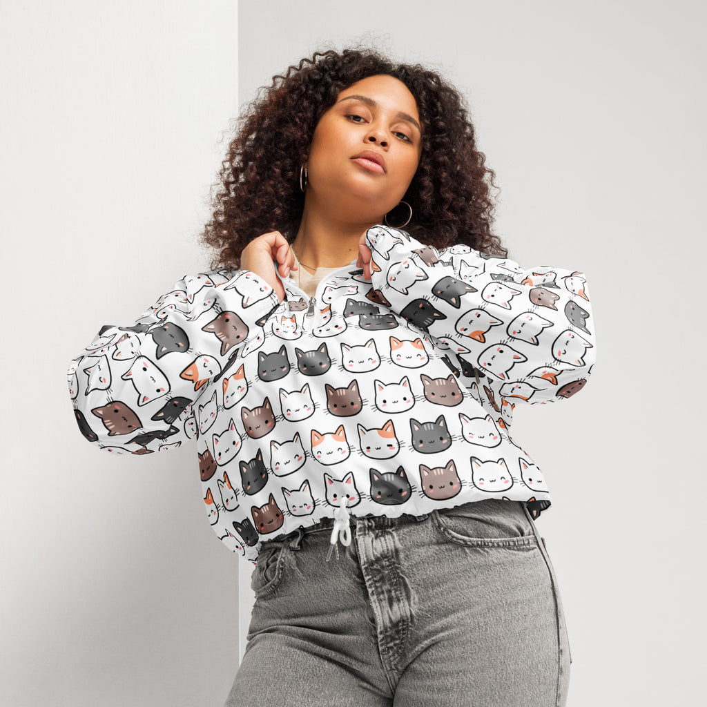 White cropped windbreaker jacket for women with adjustable hood and playful multicolor cartoon cat pattern
