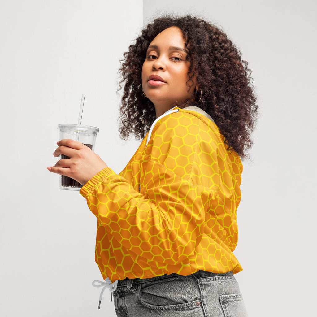 Yellow honeycomb-patterned women’s cropped bomber jacket with white drawstring hood lining lightweight and water resistant