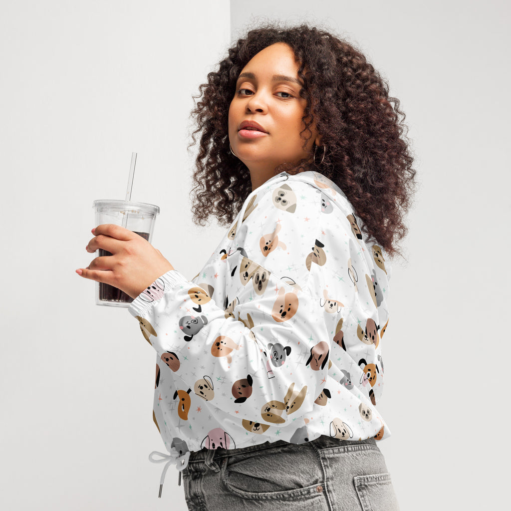 White long-sleeved women’s dog face cropped windbreaker with playful cartoon dog pattern lightweight and water resistant