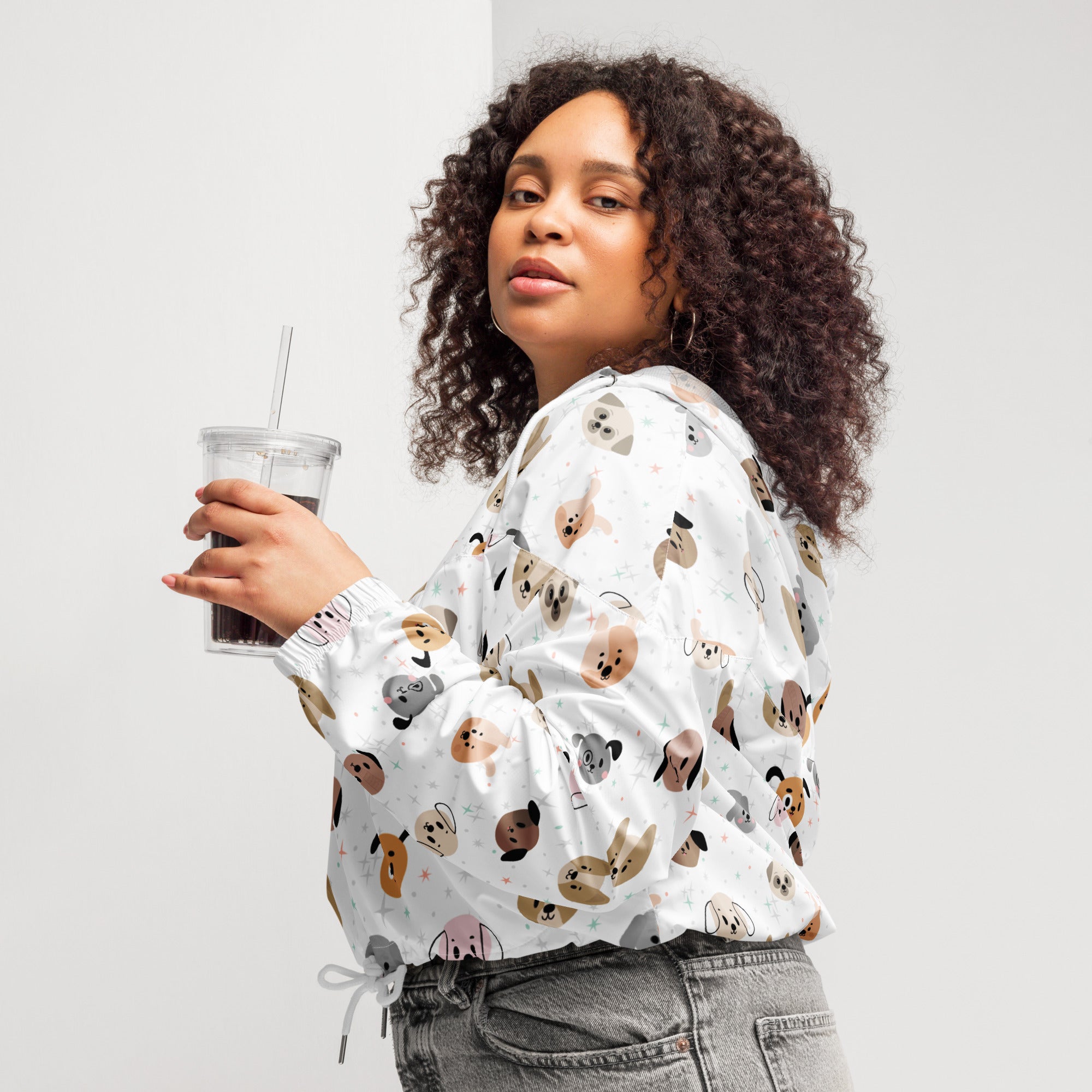 White long-sleeved women’s dog face cropped windbreaker with playful cartoon dog pattern lightweight and water resistant